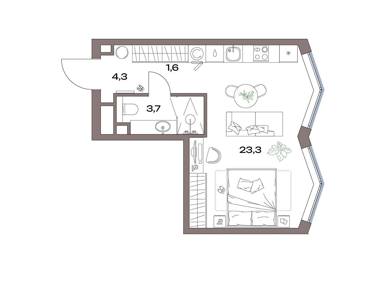 Планировка: Студия 32.90 м² в новостройке Акценты