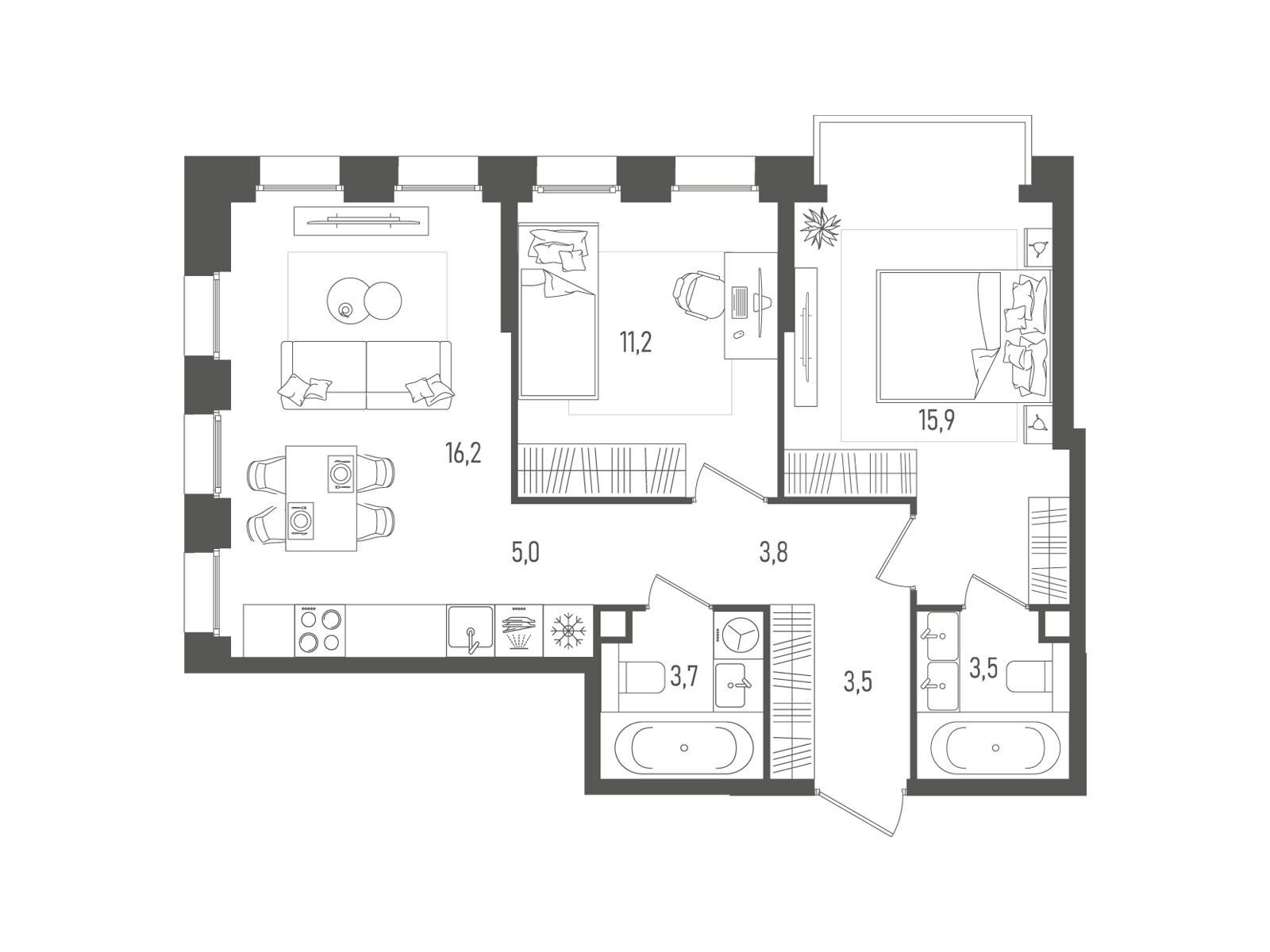 Планировка: 2-комн. квартира 62.80 м² в новостройке Пейв