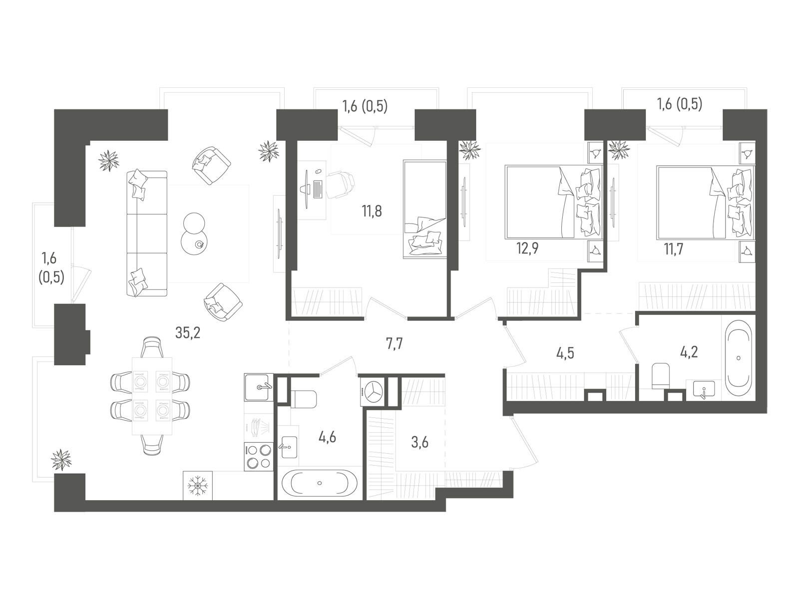 Планировка: 3-комн. квартира 97.70 м² в новостройке Татум