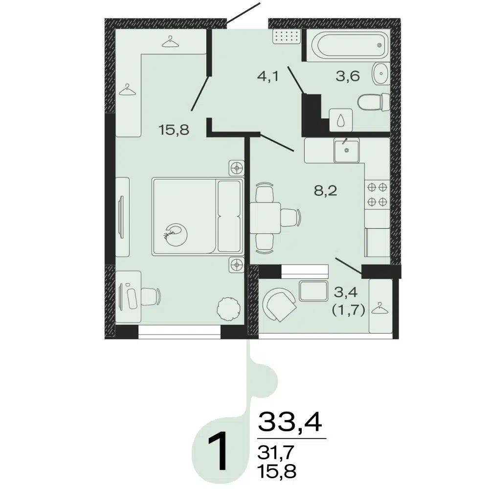 Планировка: 1-комн. квартира 33.40 м² в новостройке Эво