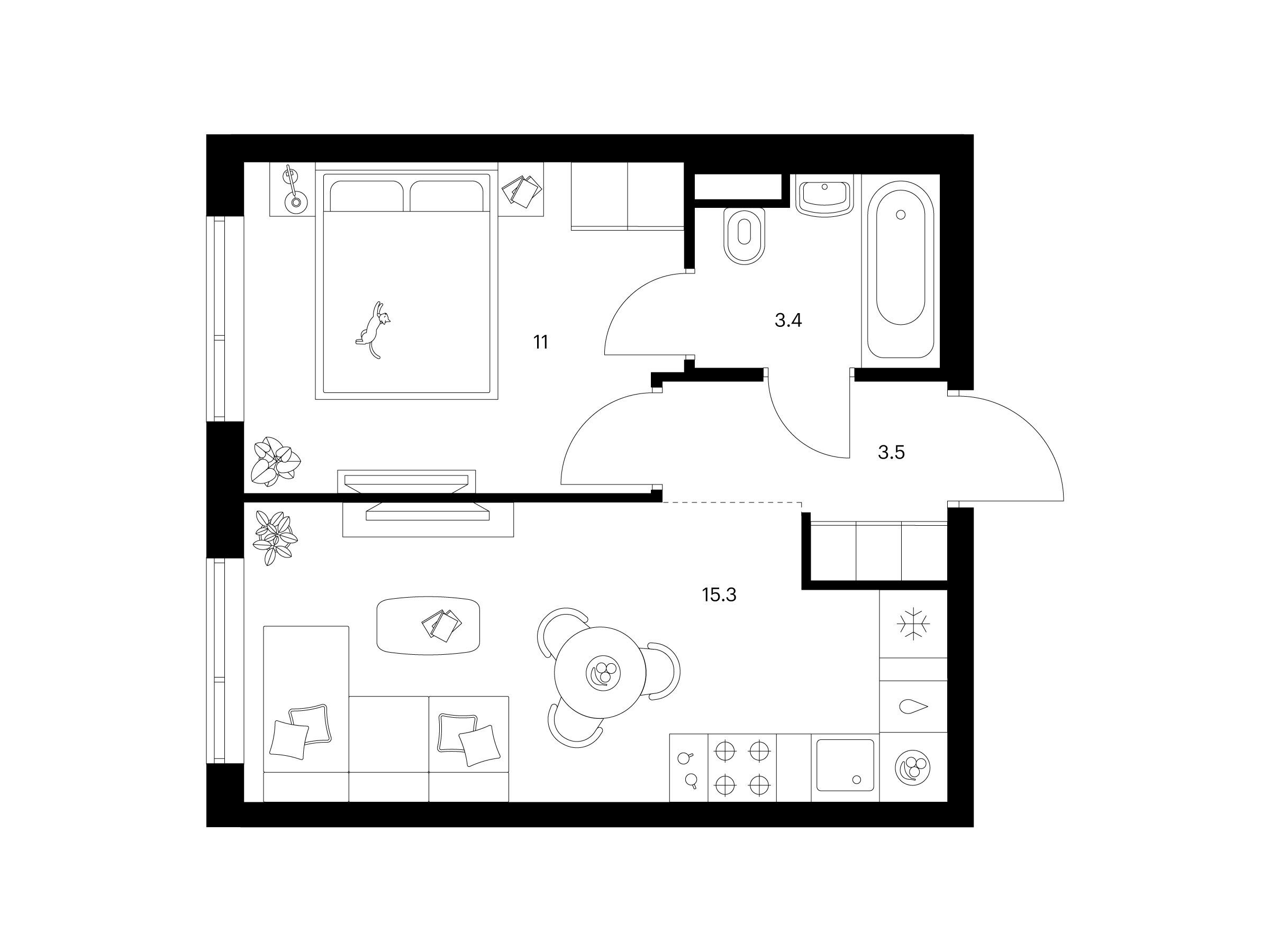 Планировка: 1-комн. квартира 33.20 м² в новостройке Бунинская набережная
