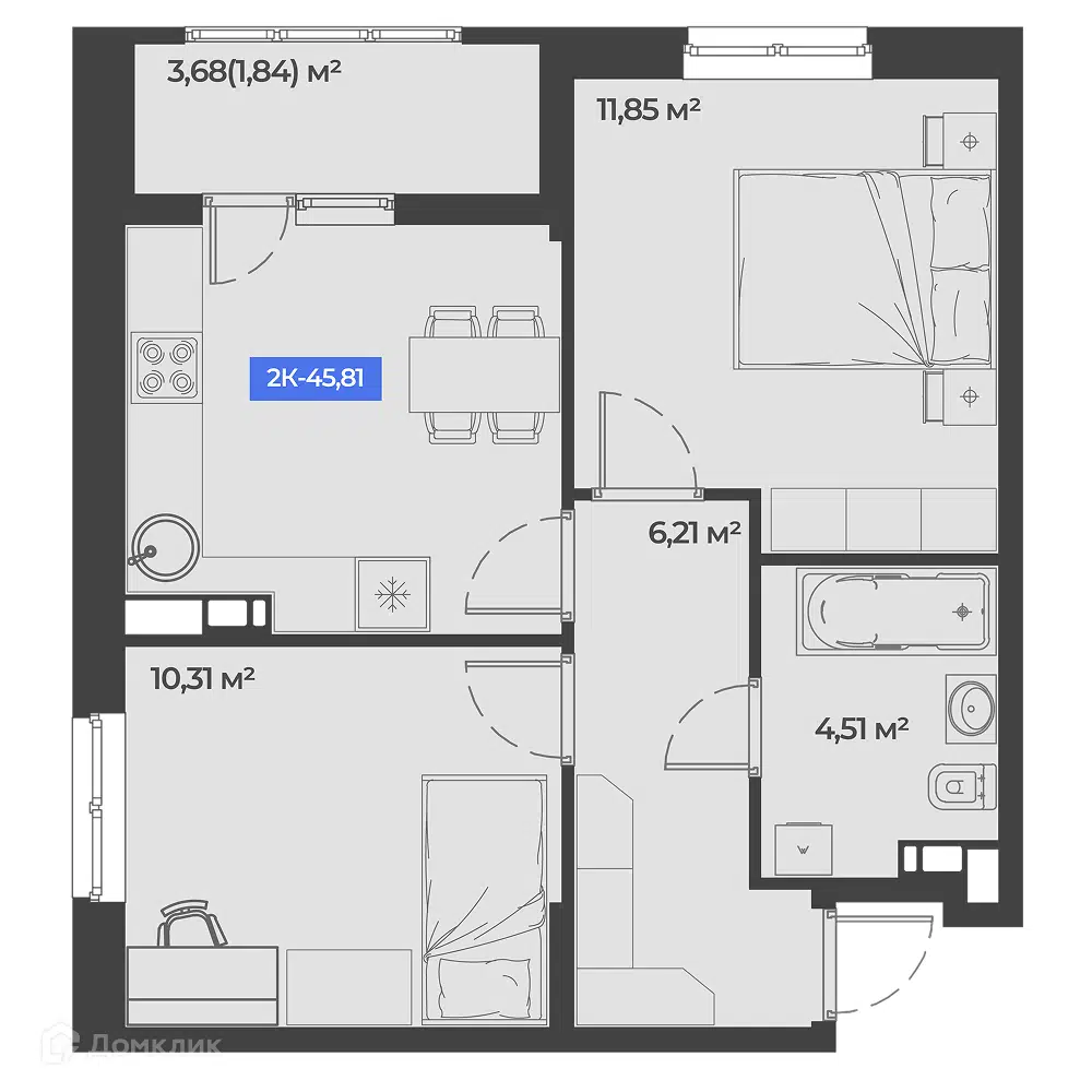Планировка: 2-комн. квартира 45.81 м² в новостройке Соловей