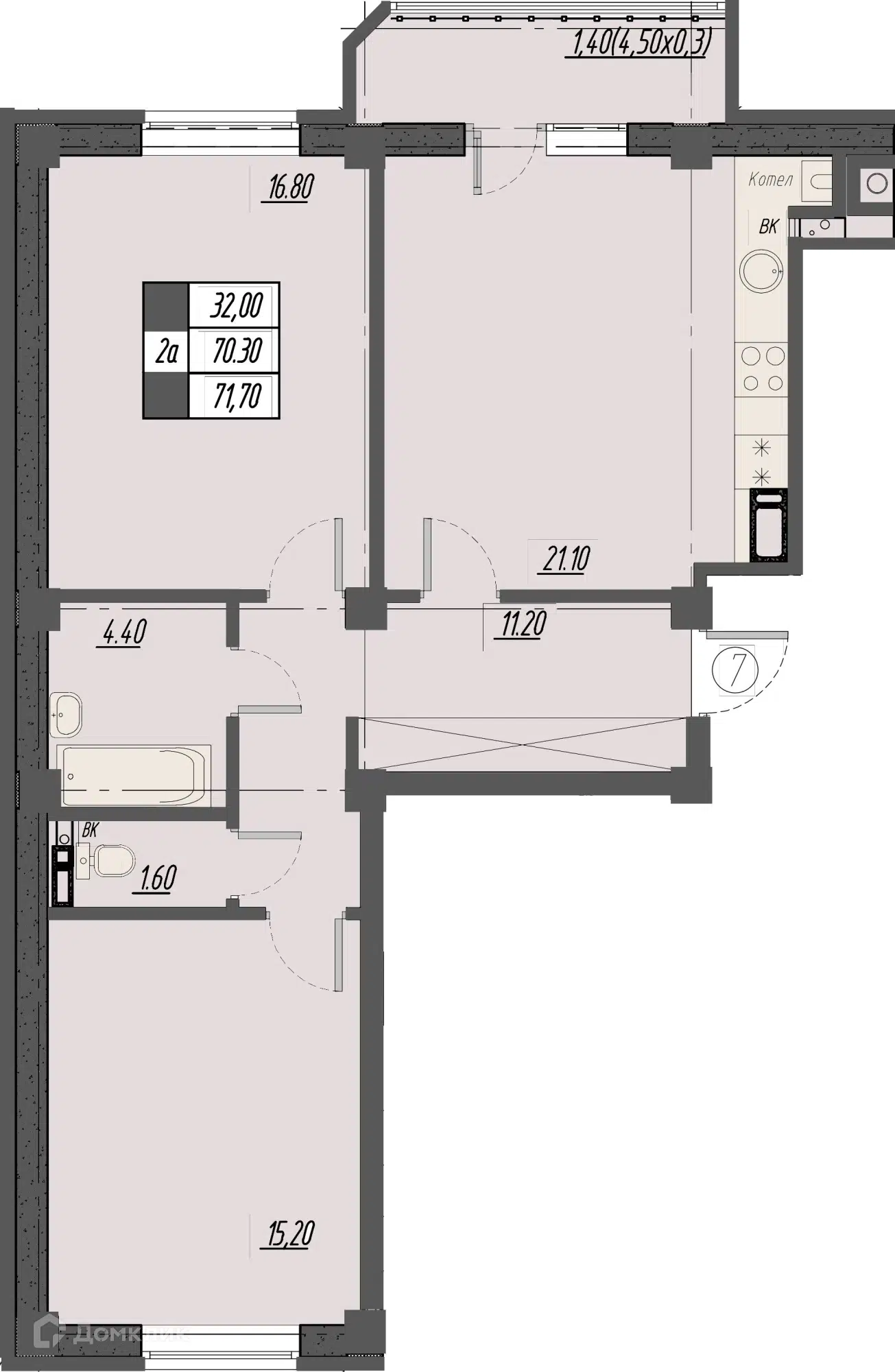 Планировка: 2-комн. квартира 72.30 м² в новостройке Курортный