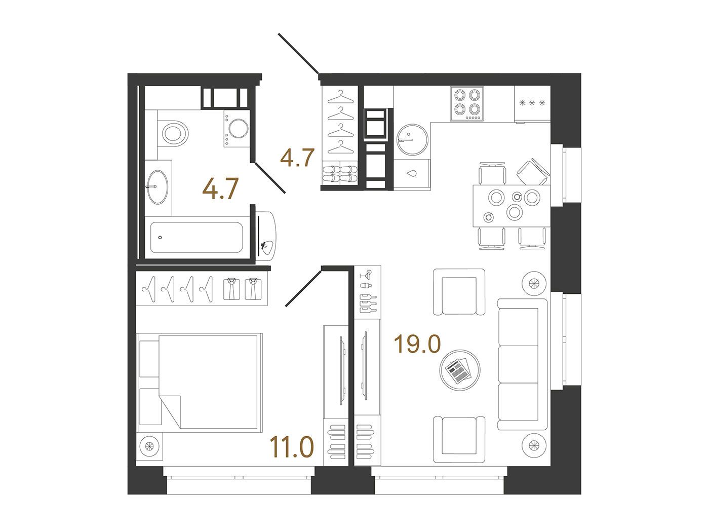 Планировка: 1-комн. квартира 39.40 м² в новостройке Куинджи