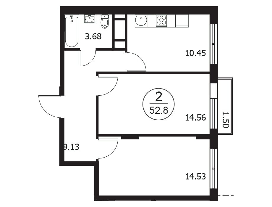 Планировка: 2-комн. квартира 52.80 м² в новостройке Катуар