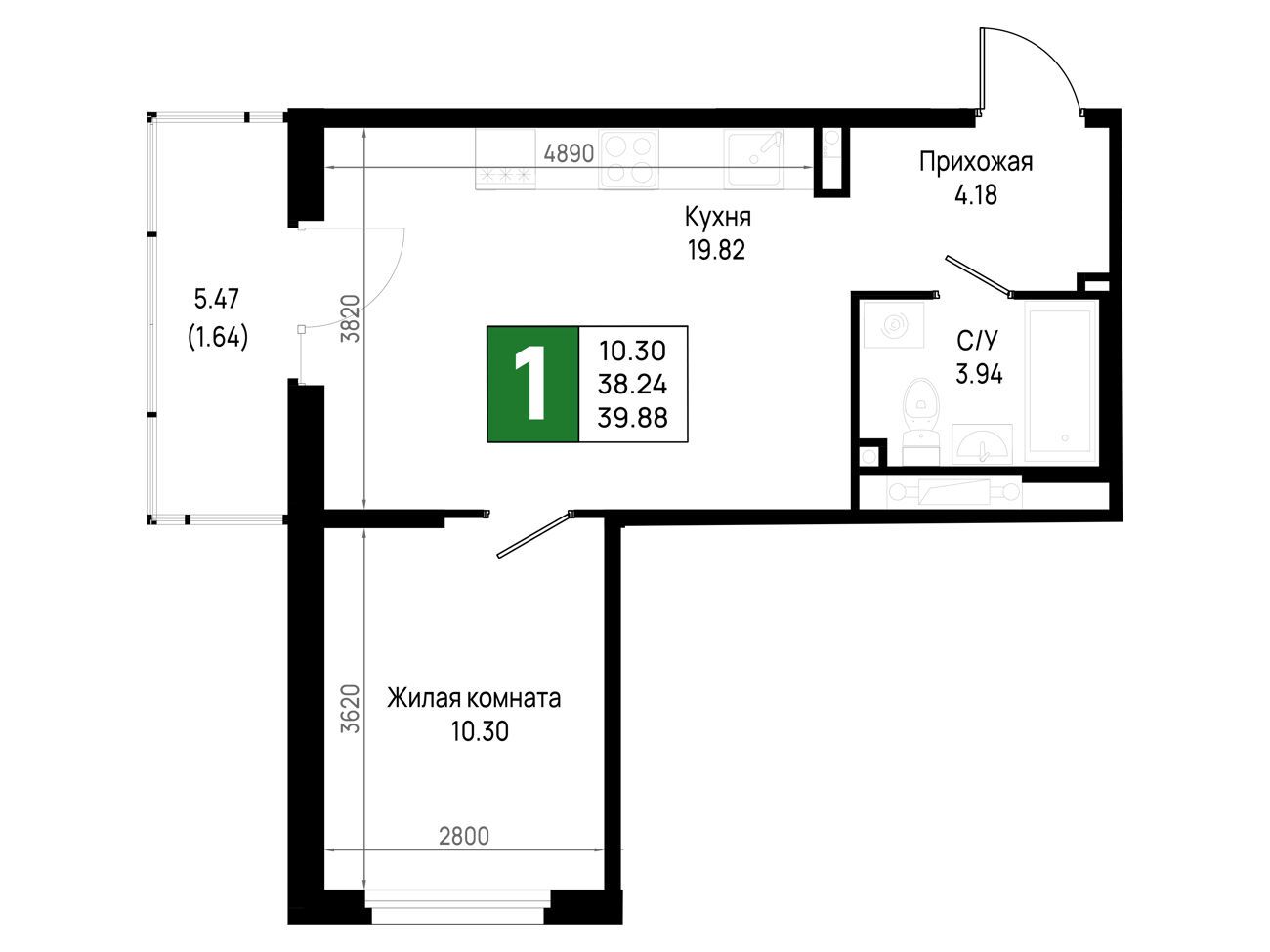 Планировка: 1-комн. квартира 39.88 м² в новостройке Имена