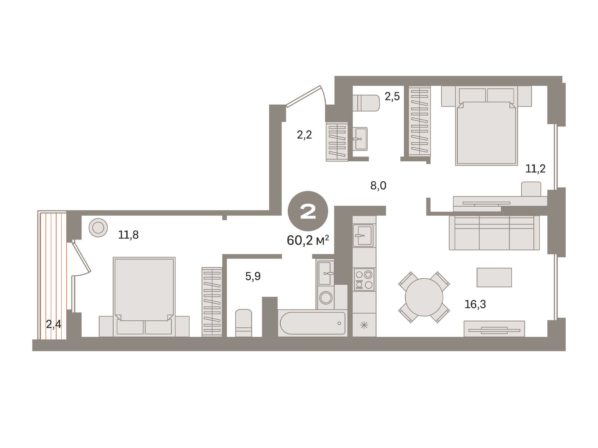 Планировка: 2-комн. квартира 60.20 м² в новостройке Первый квартал