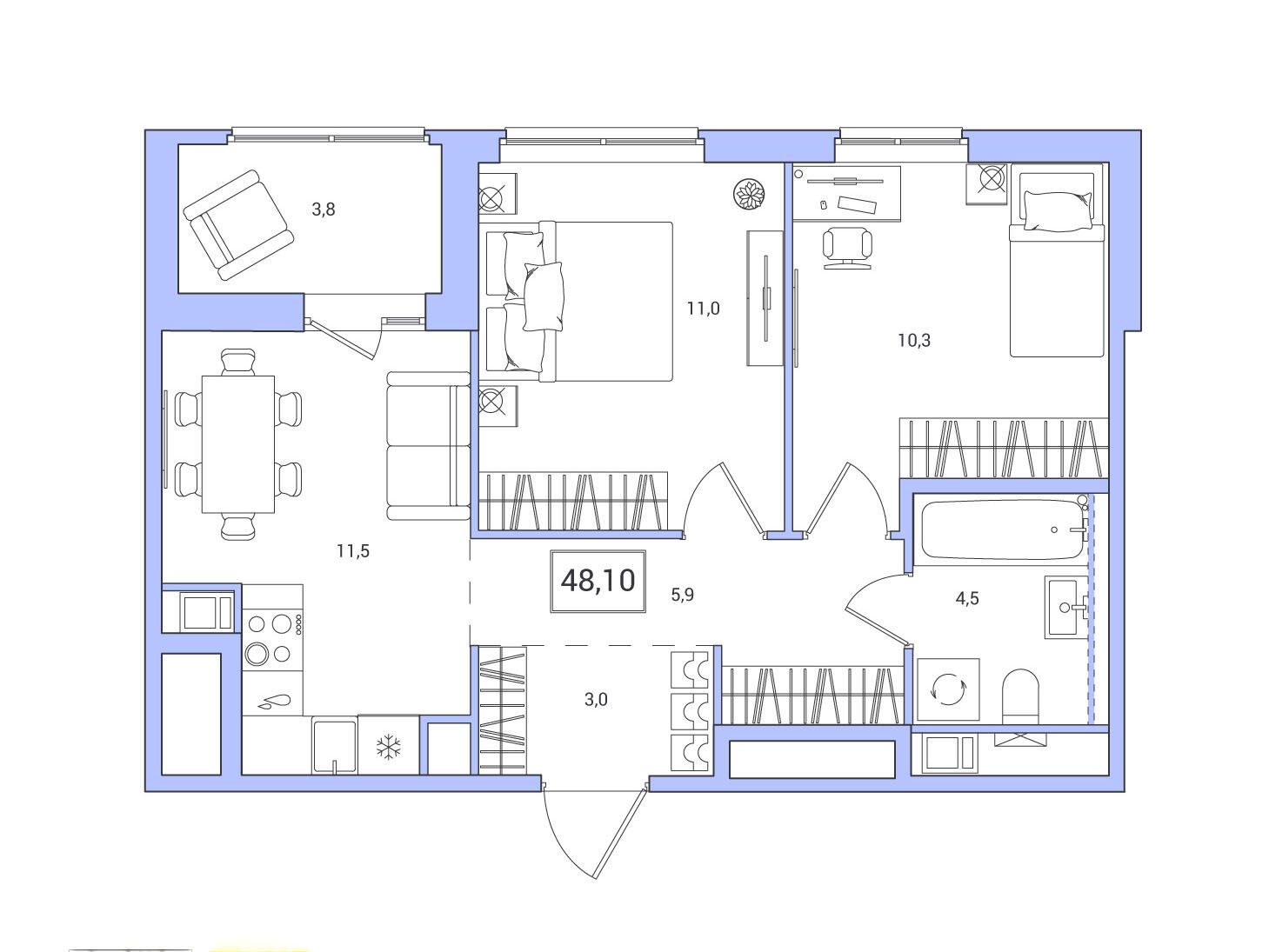 Планировка: 2-комн. квартира 48.10 м² в новостройке ЖК Янила Форест