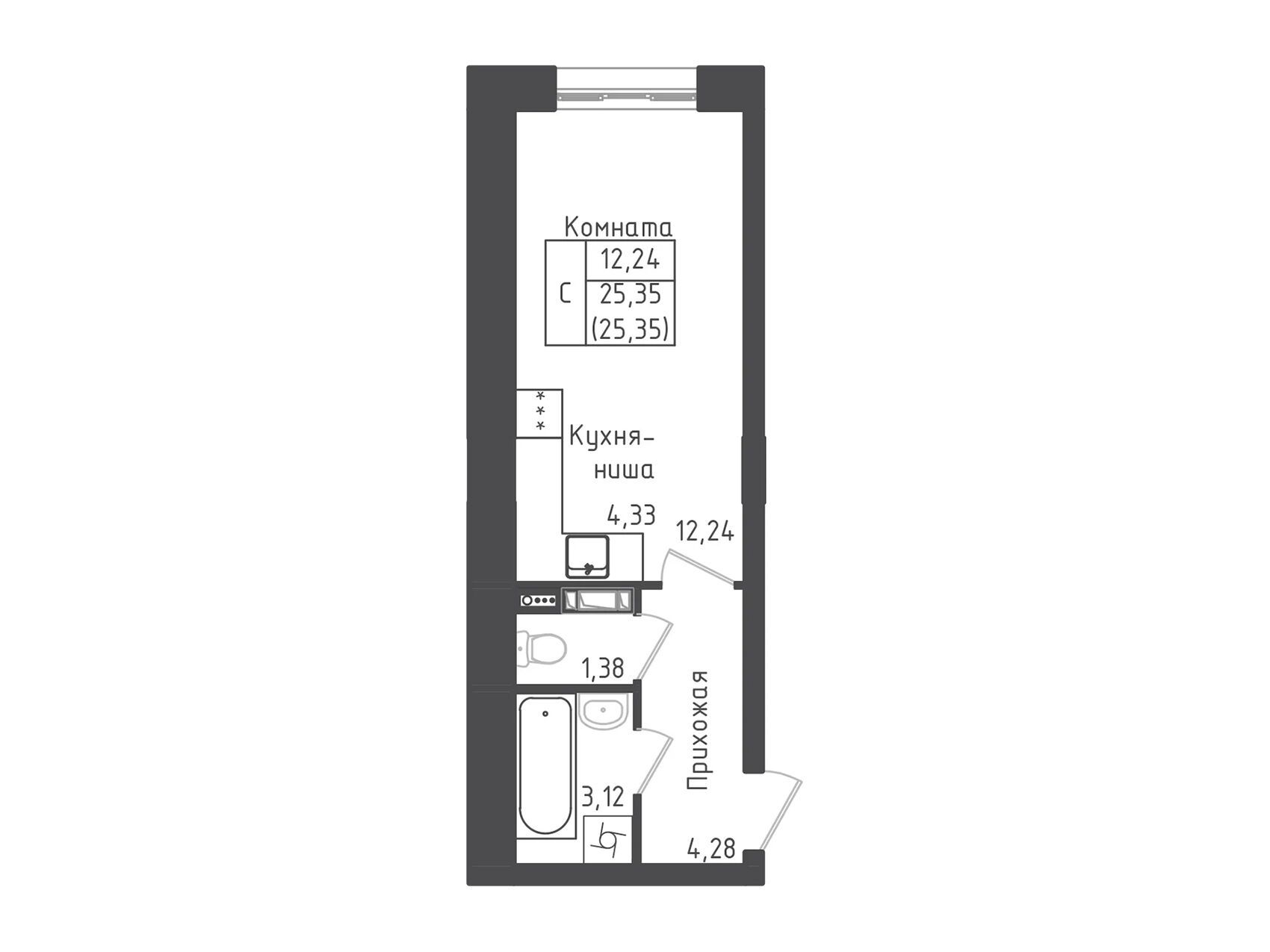 Планировка: Студия 25.35 м² в новостройке Зеленый Город