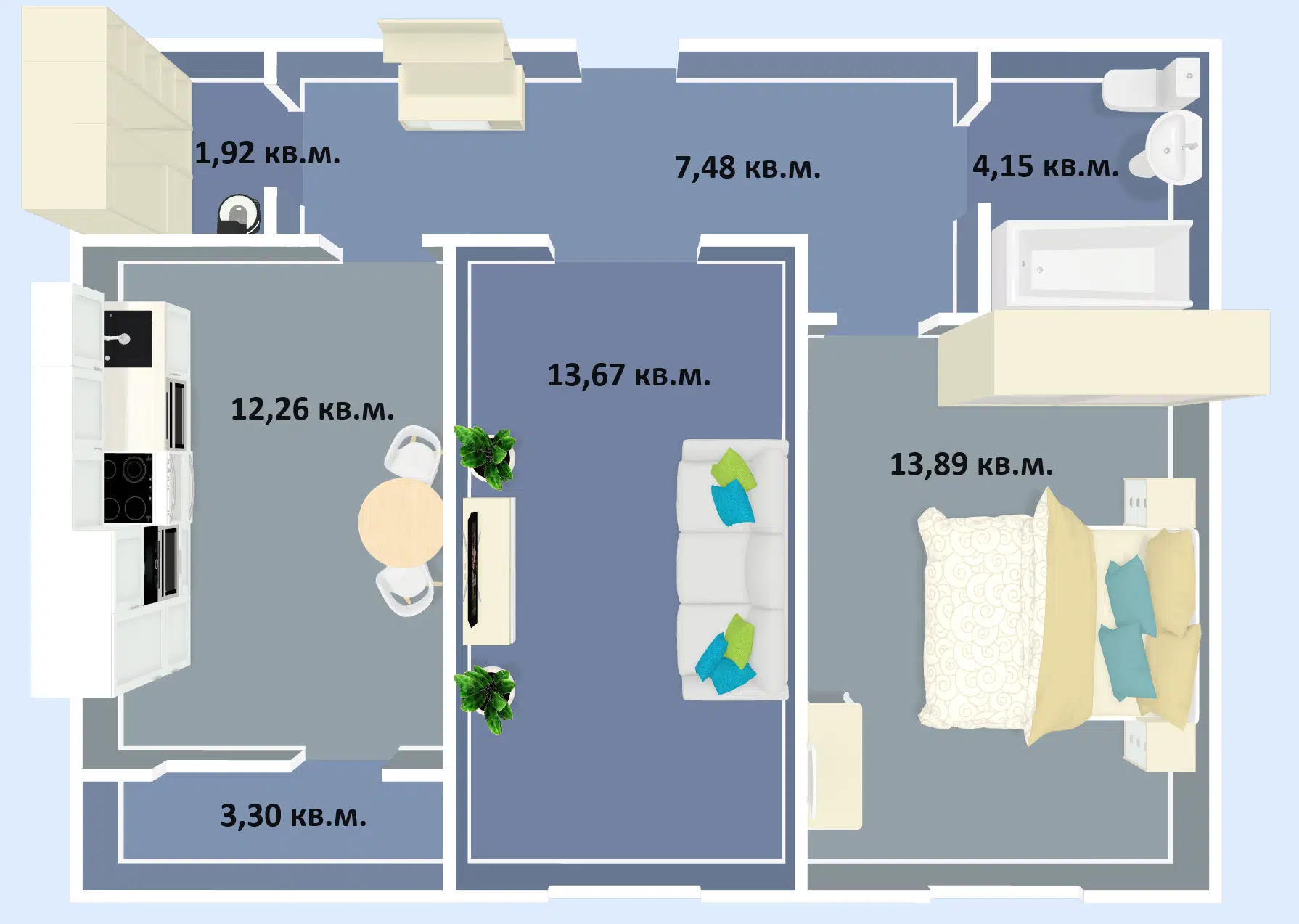 Планировка: 2-комн. квартира 56.67 м² в новостройке Успех