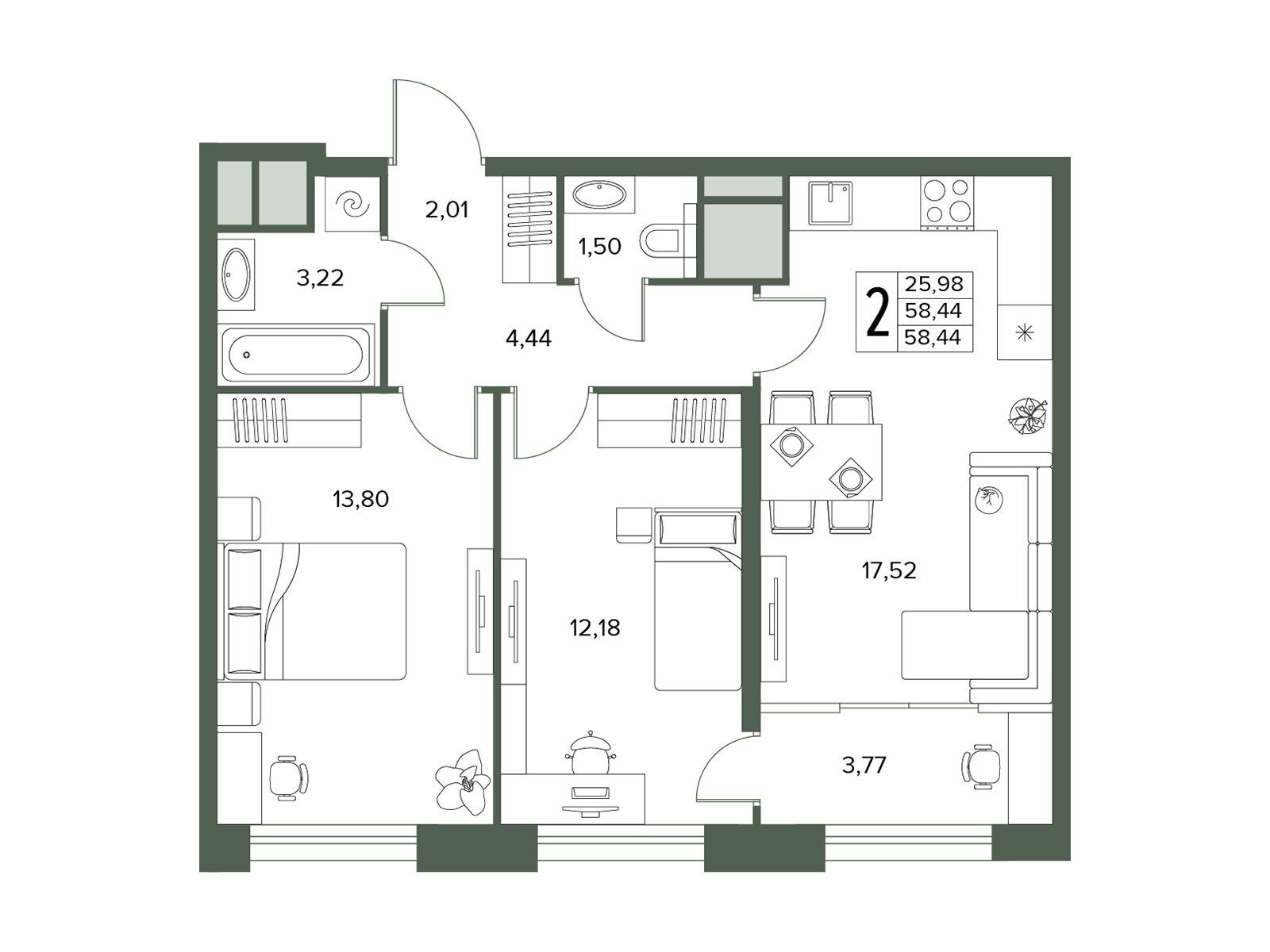 Планировка: 2-комн. квартира 58.44 м² в новостройке Городской бор