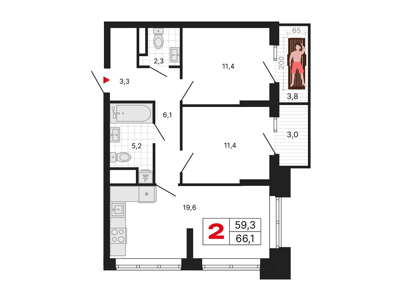 Планировка: 2-комн. квартира 66.10 м² в новостройке Бестселлер