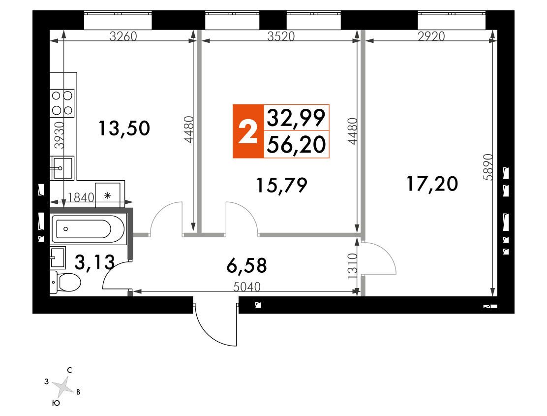 Планировка: 2-комн. квартира 56.40 м² в новостройке Парк Апрель