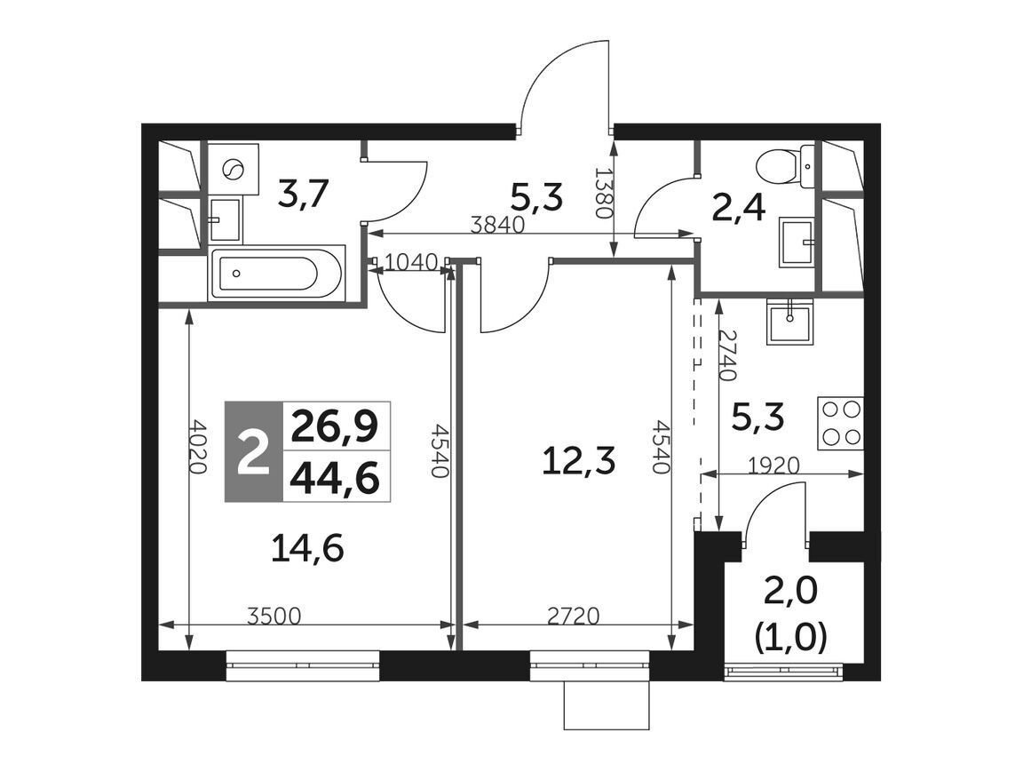 Планировка: 2-комн. квартира 44.60 м² в новостройке Римский