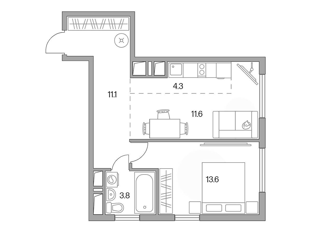 Планировка: 2-комн. квартира 44.40 м² в новостройке Бригантина