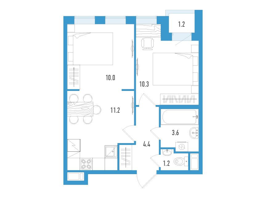 Планировка: 2-комн. квартира 41.30 м² в новостройке Аэросити Клаб
