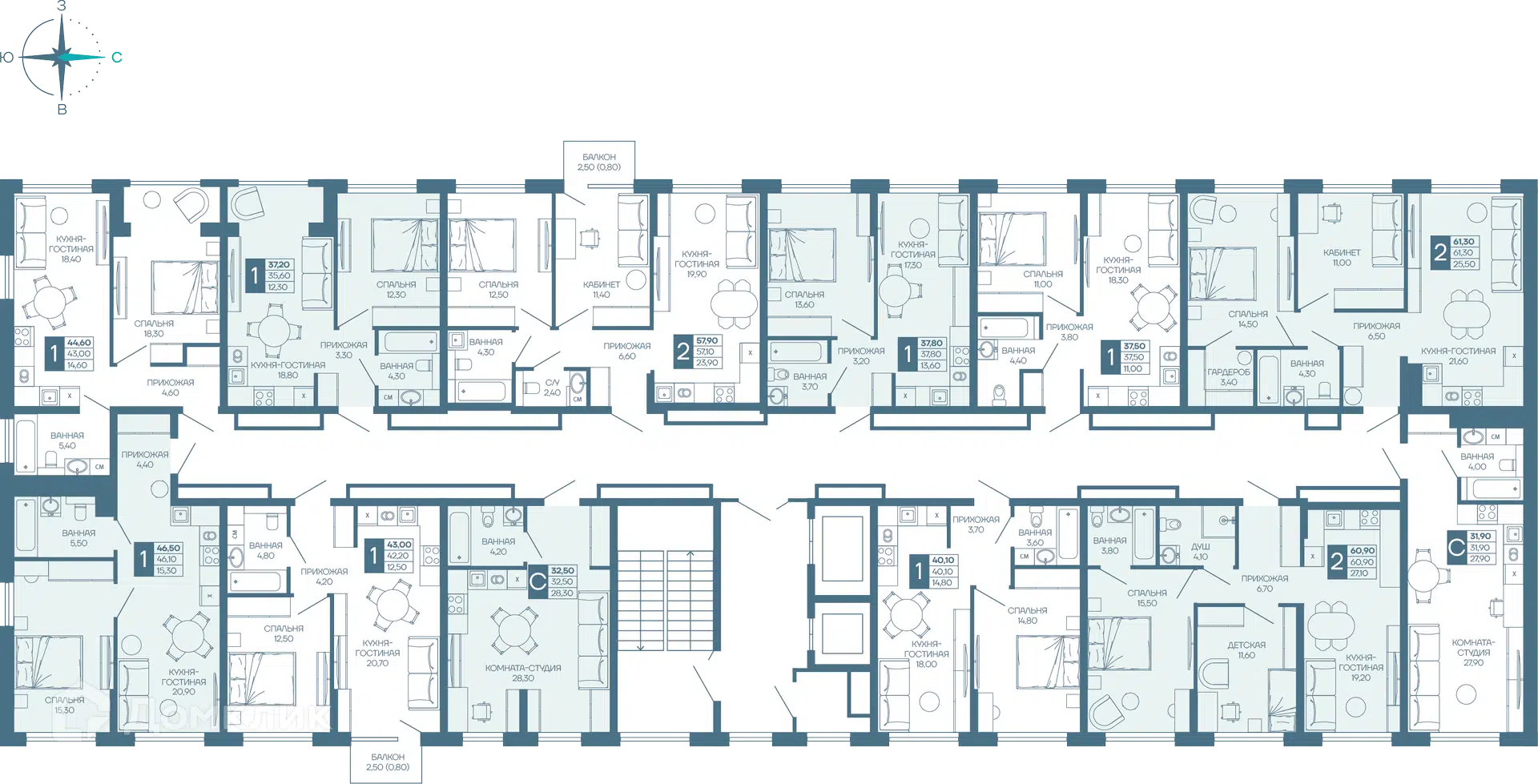 Планировка: 1-комн. квартира 40.78 м² в новостройке Иначе в Молодежном