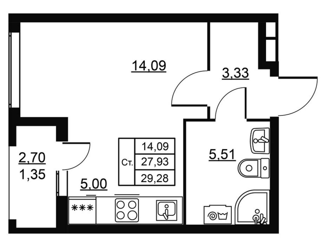 Планировка: Студия 29.28 м² в новостройке Высота. Новодевяткино