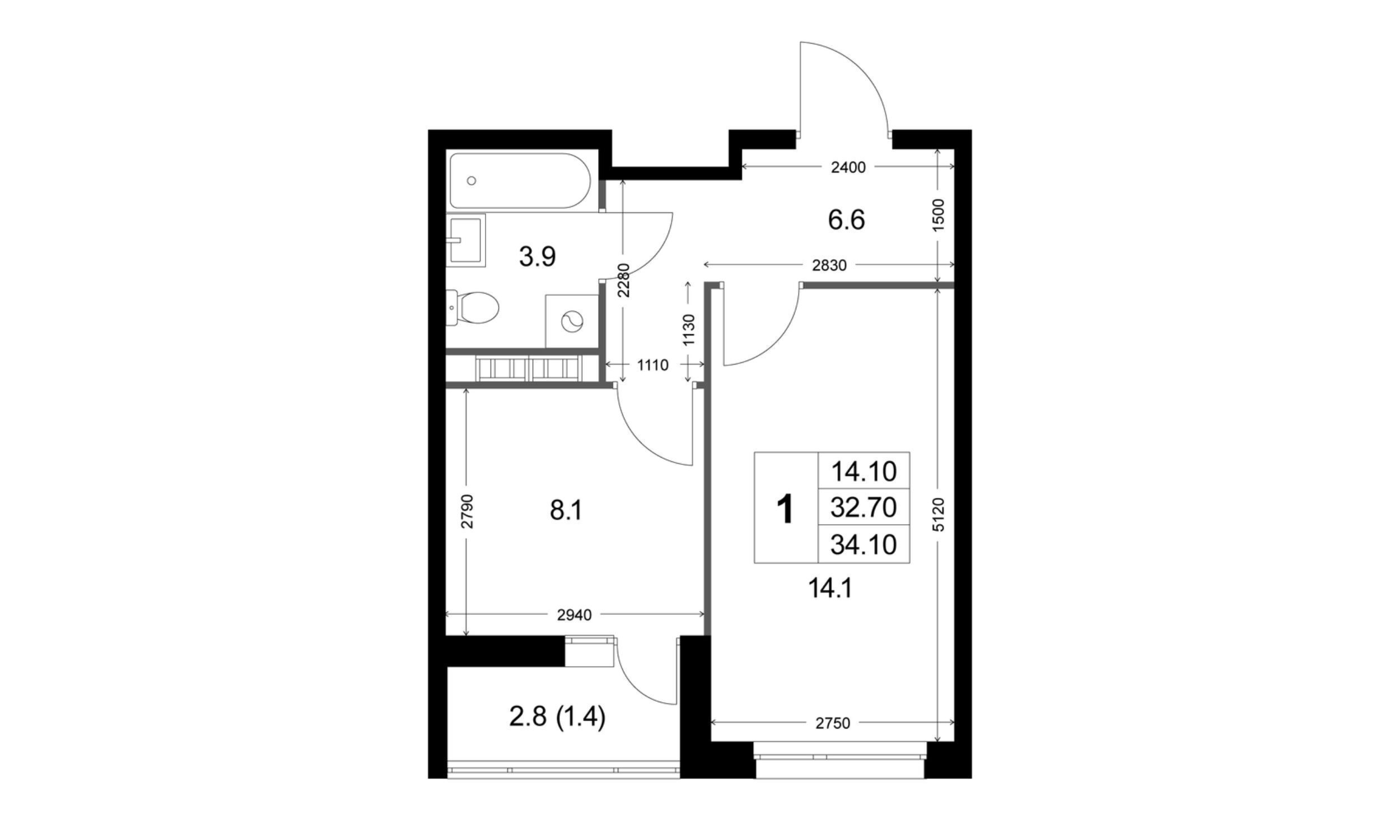 Планировка: 1-комн. квартира 32.70 м² в новостройке Легенда Коренёво