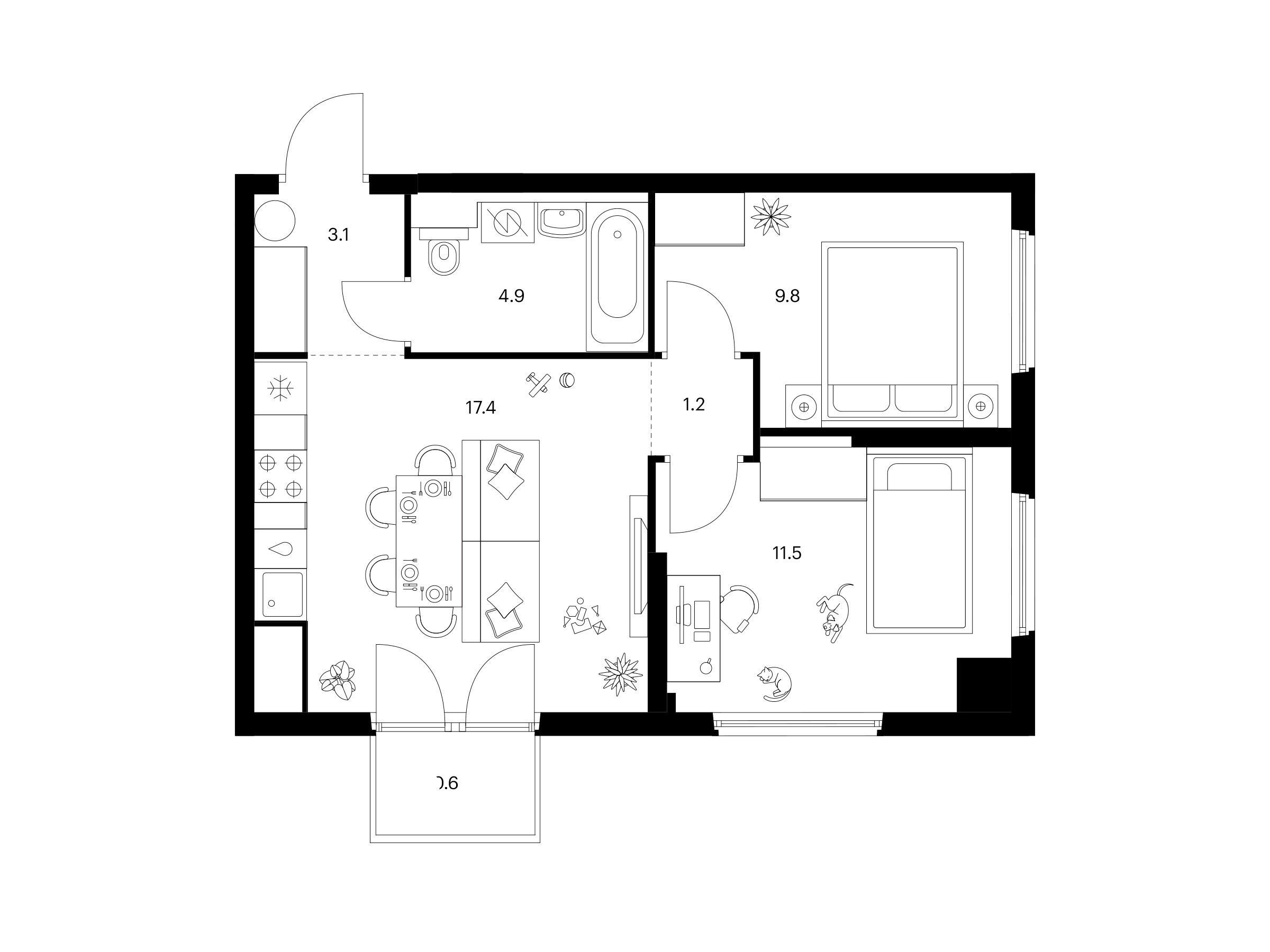 Планировка: 2-комн. квартира 48.50 м² в новостройке Кронштадтский 9