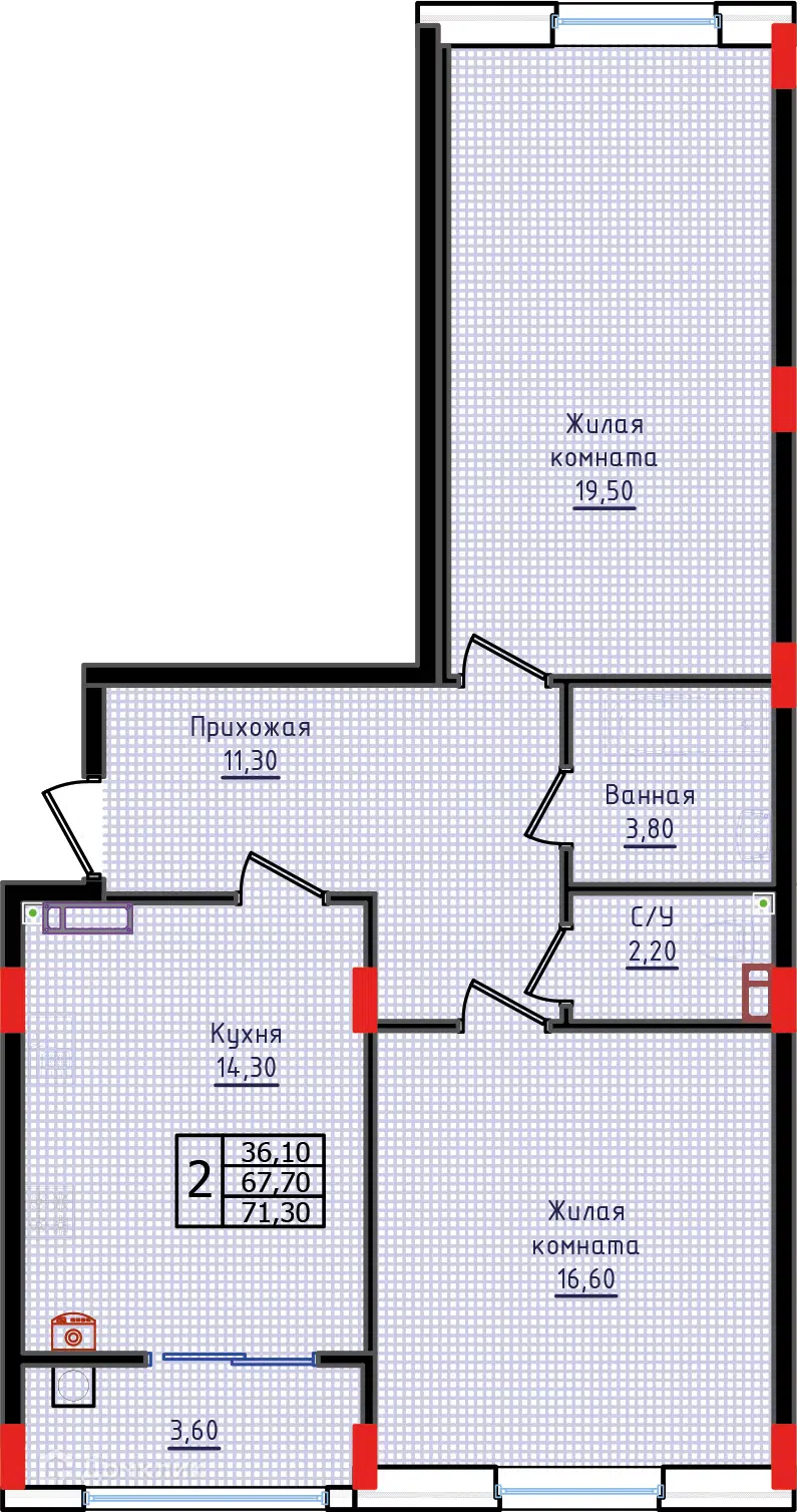 Планировка: 2-комн. квартира 71.30 м² в новостройке Суворов