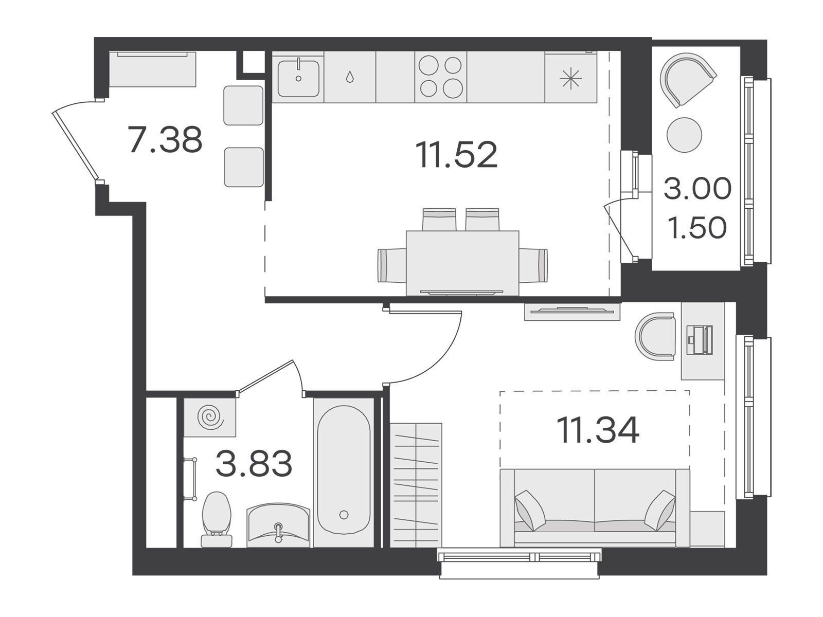 Планировка: 1-комн. квартира 35.50 м² в новостройке Глоракс Парголово