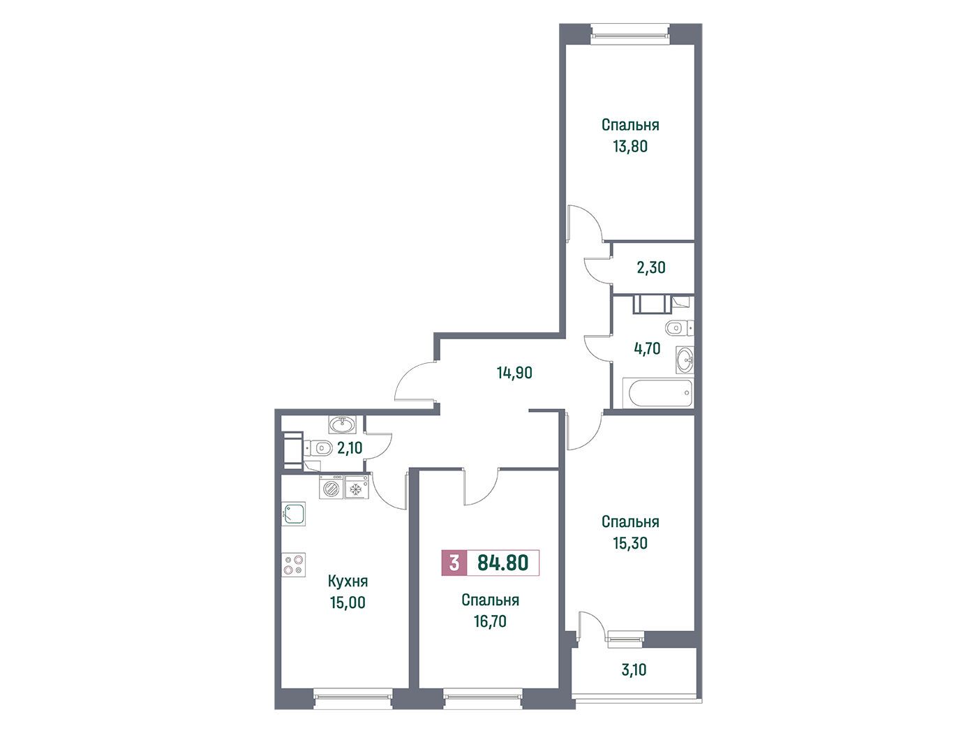 Планировка: 3-комн. квартира 84.80 м² в новостройке Фотограф