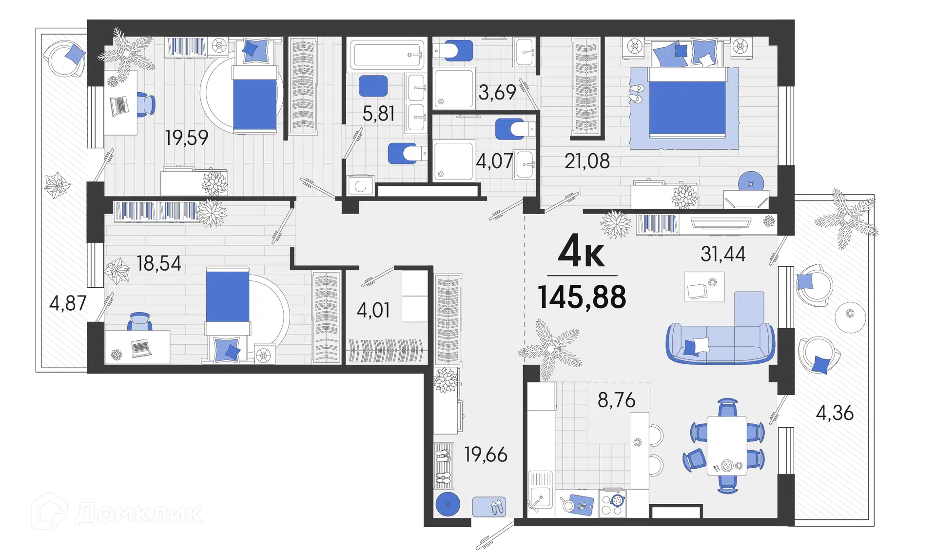 Планировка: 4-комн. квартира 146.65 м² в новостройке Белые Росы