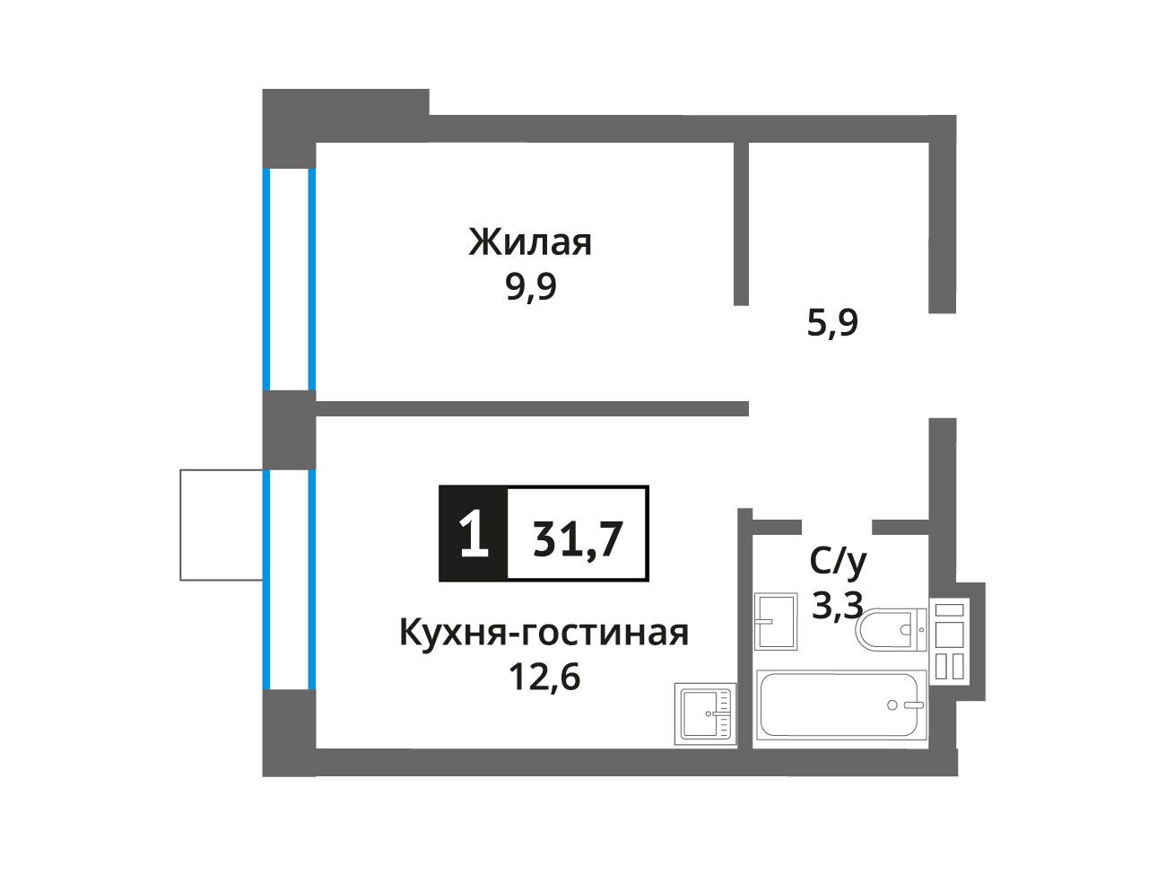 Планировка: 1-комн. квартира 31.70 м² в новостройке Никольский квартал Отрада