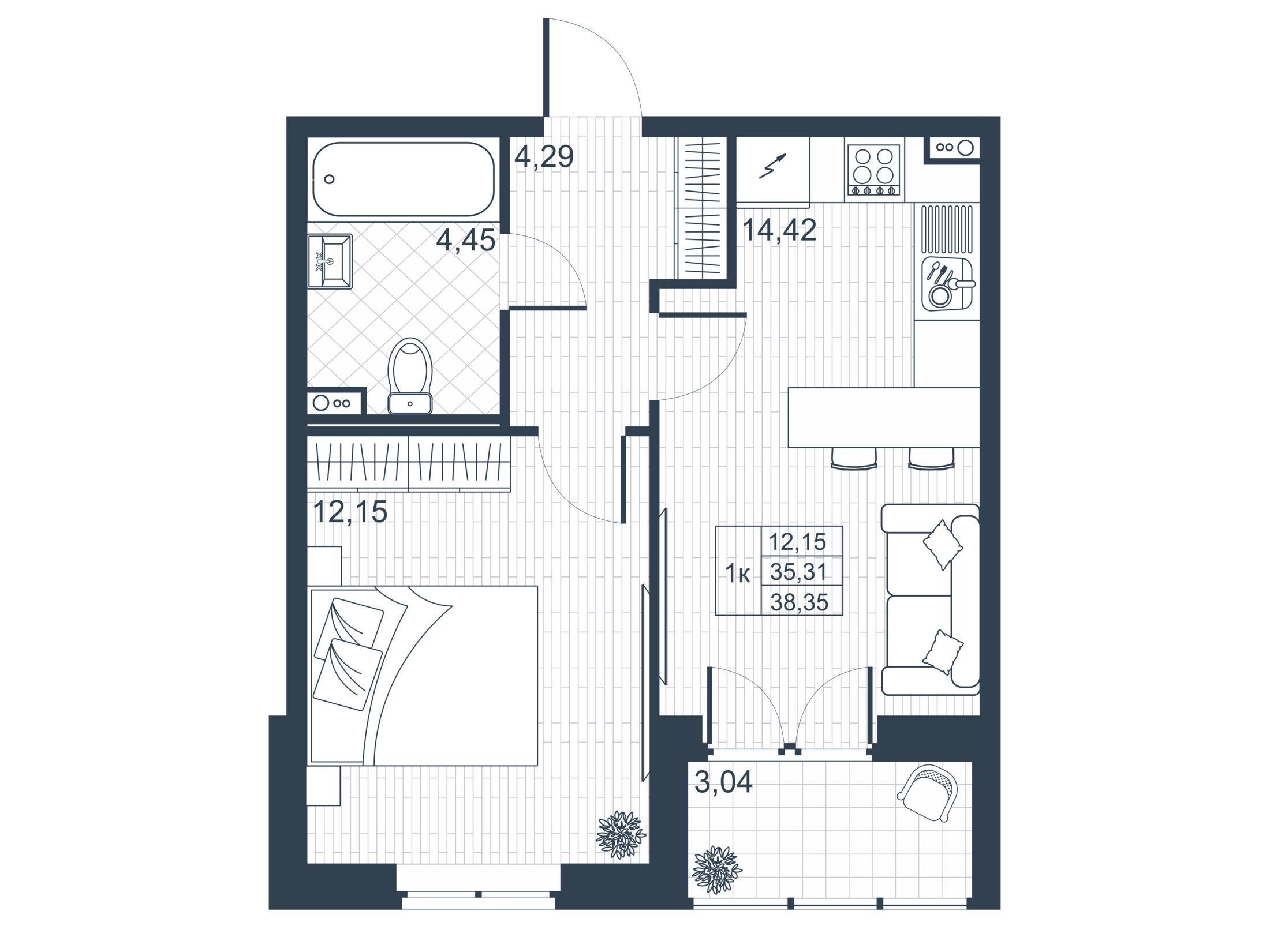 Планировка: 1-комн. квартира 35.10 м² в новостройке Ново-Антропшино