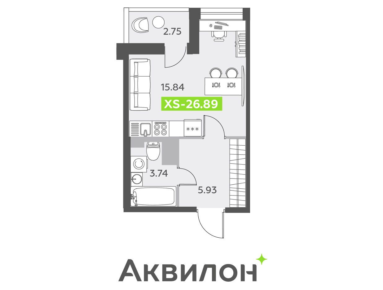 Планировка: Студия 27.20 м² в новостройке Аквилон олл ин 3.0