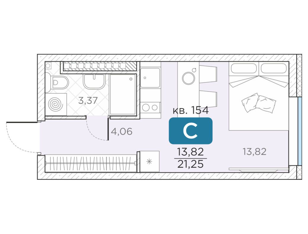 Планировка: 1-комн. квартира 21.25 м² в новостройке Гильдия