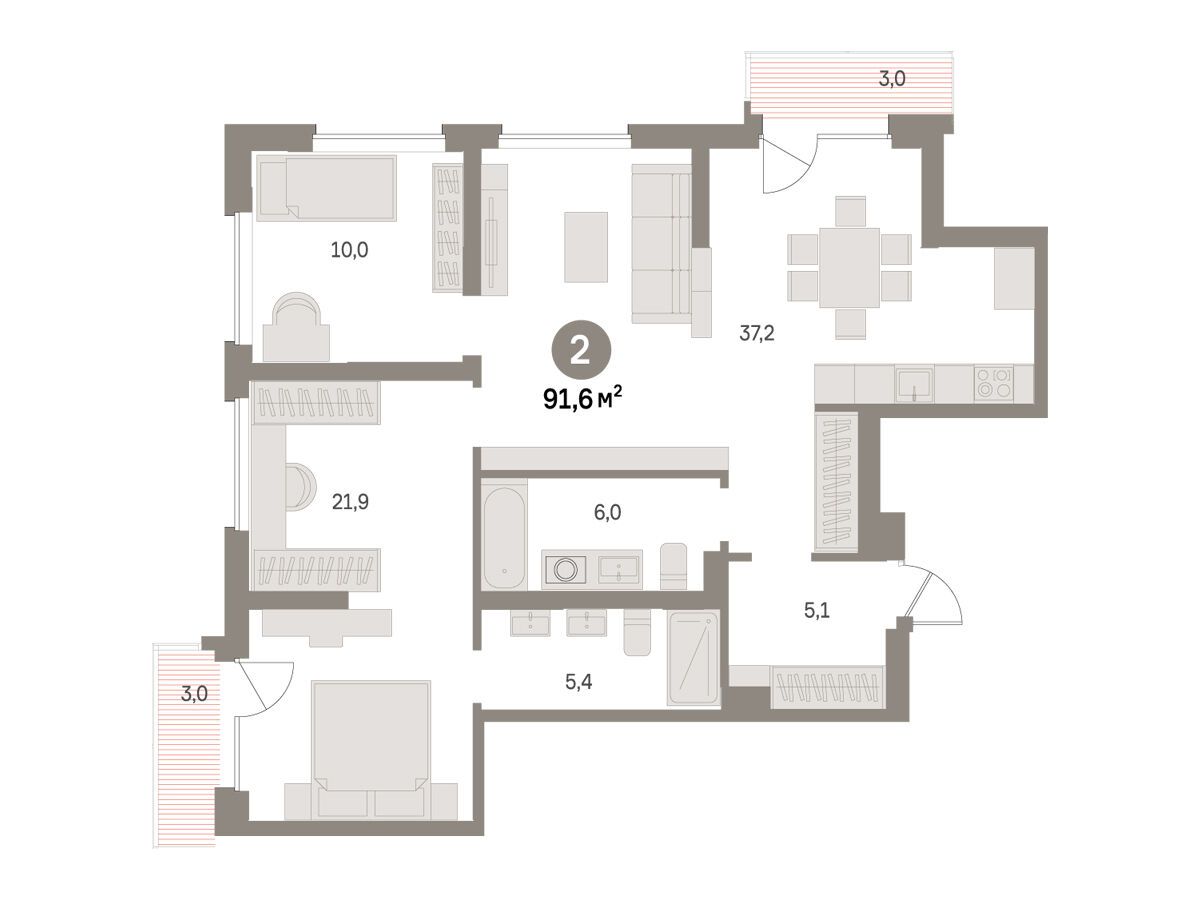 Планировка: 2-комн. квартира 91.60 м² в новостройке Издание