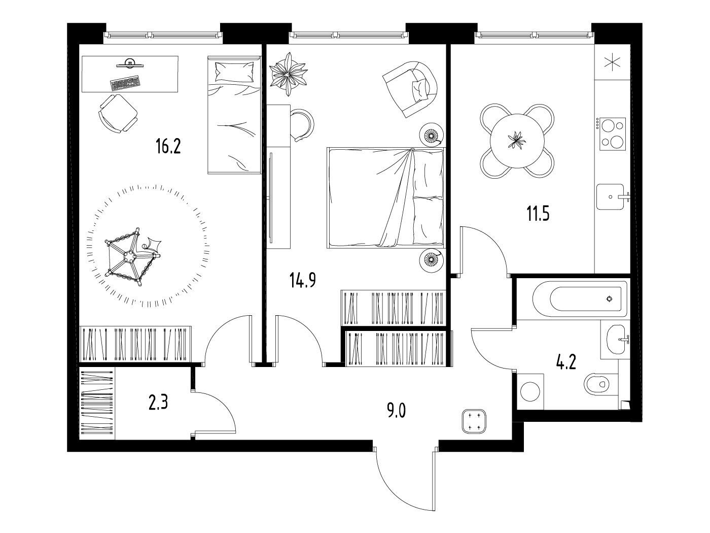 Планировка: 2-комн. квартира 58.10 м² в новостройке Сколково Уан