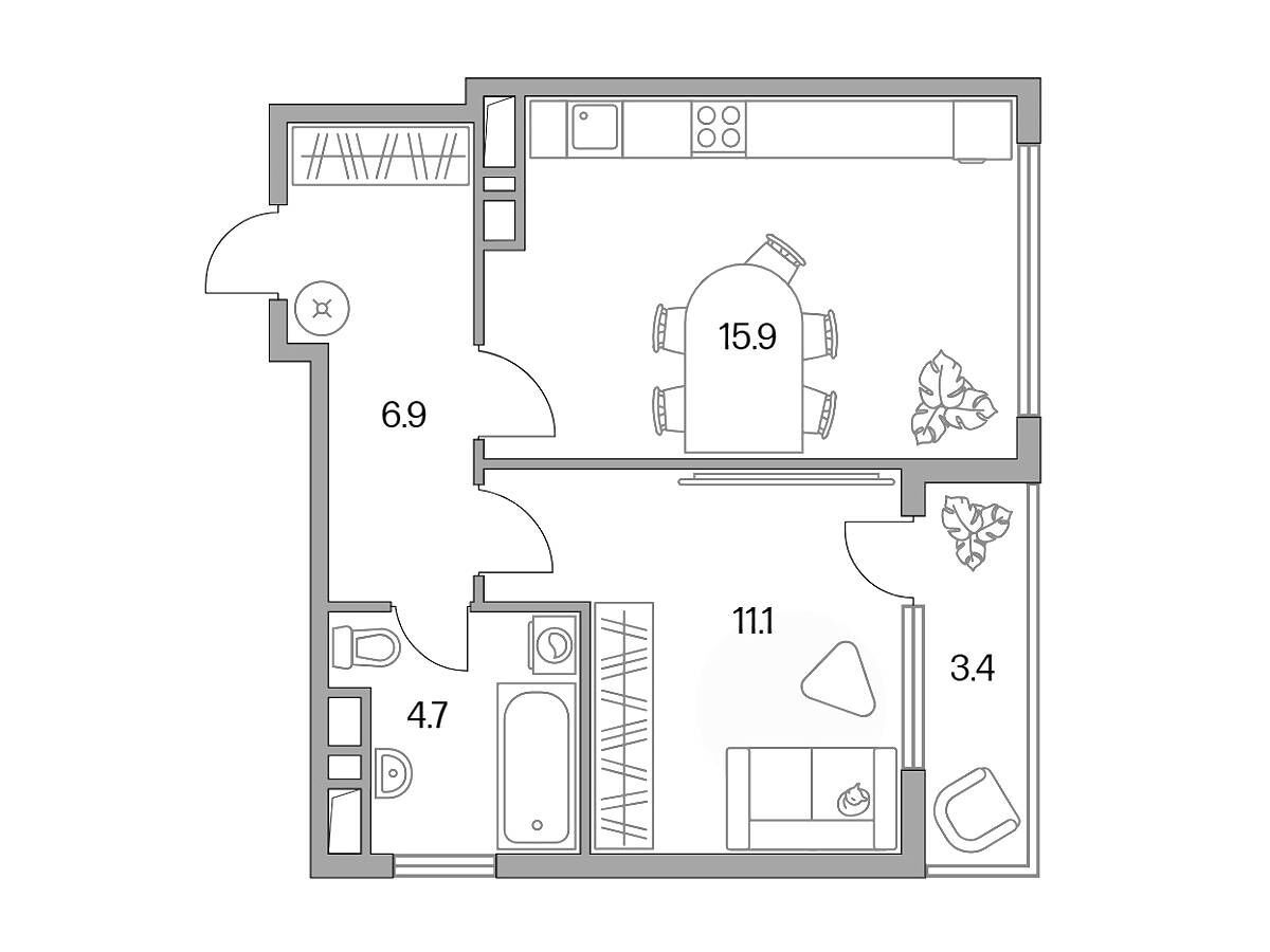 Планировка: 1-комн. квартира 42.00 м² в новостройке ЖК Бригантина