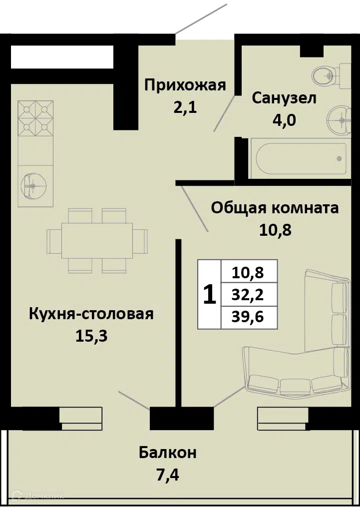 Планировка: 1-комн. квартира 40.40 м² в новостройке Южные Соседи