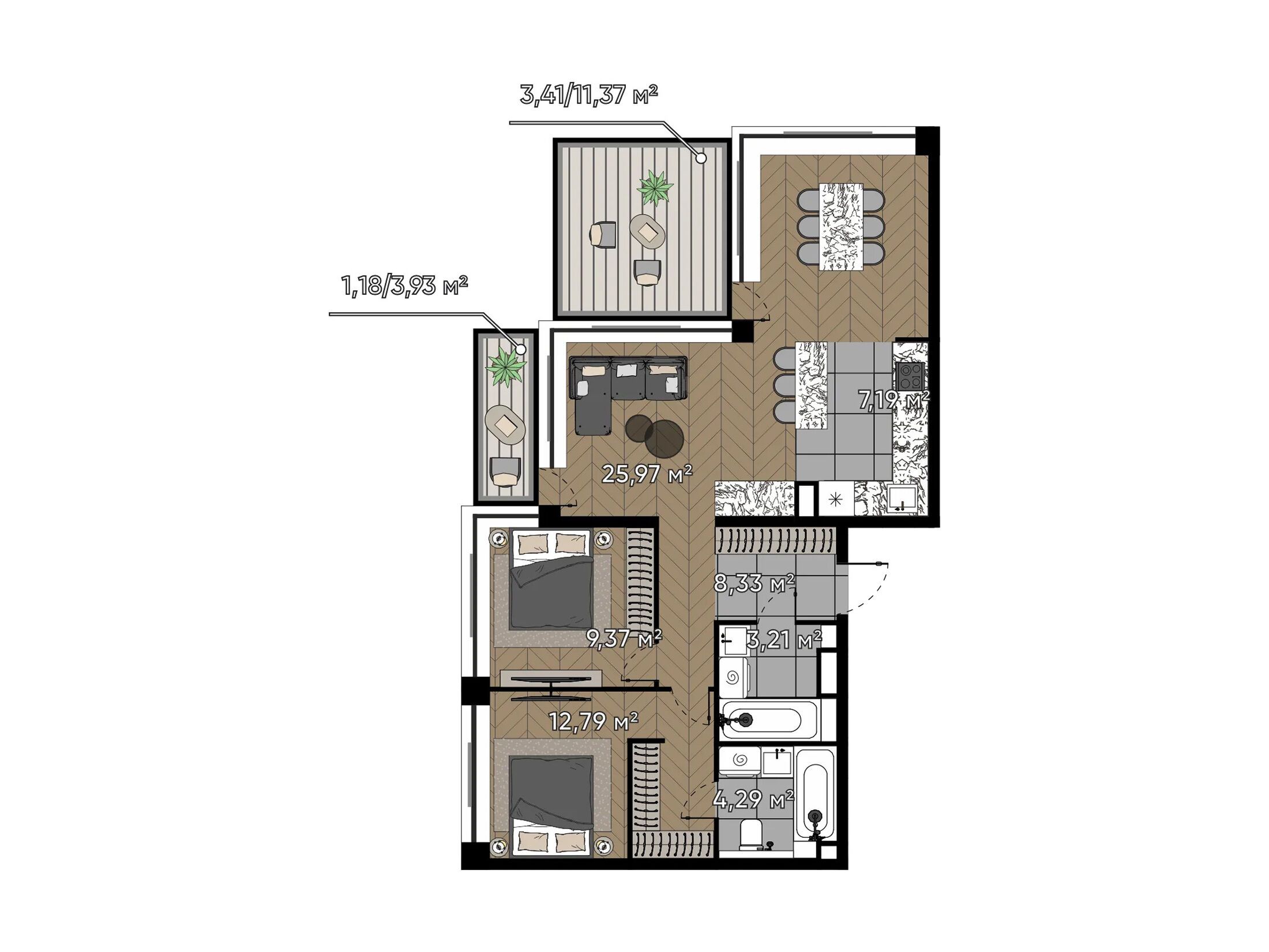 Планировка: 2-комн. квартира 75.74 м² в новостройке Серебряный бор