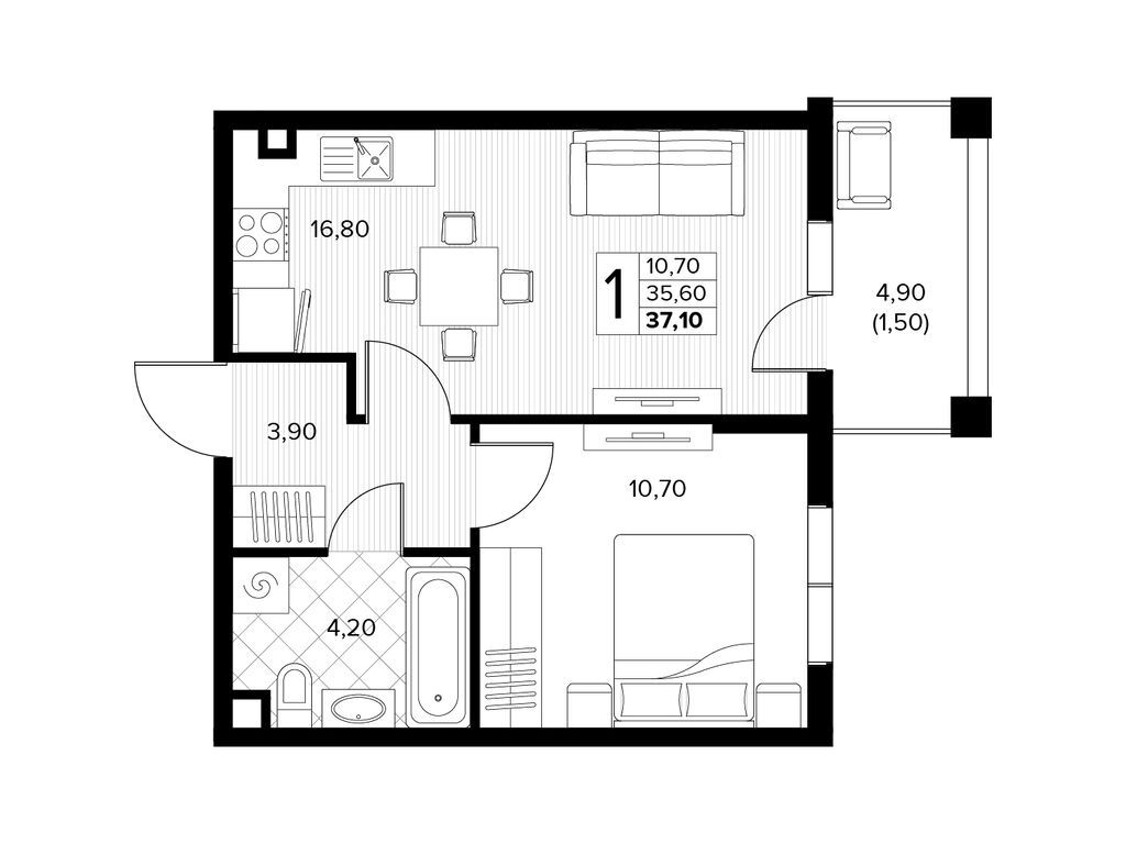 Планировка: 1-комн. квартира 37.10 м² в новостройке ЖК Кипарис