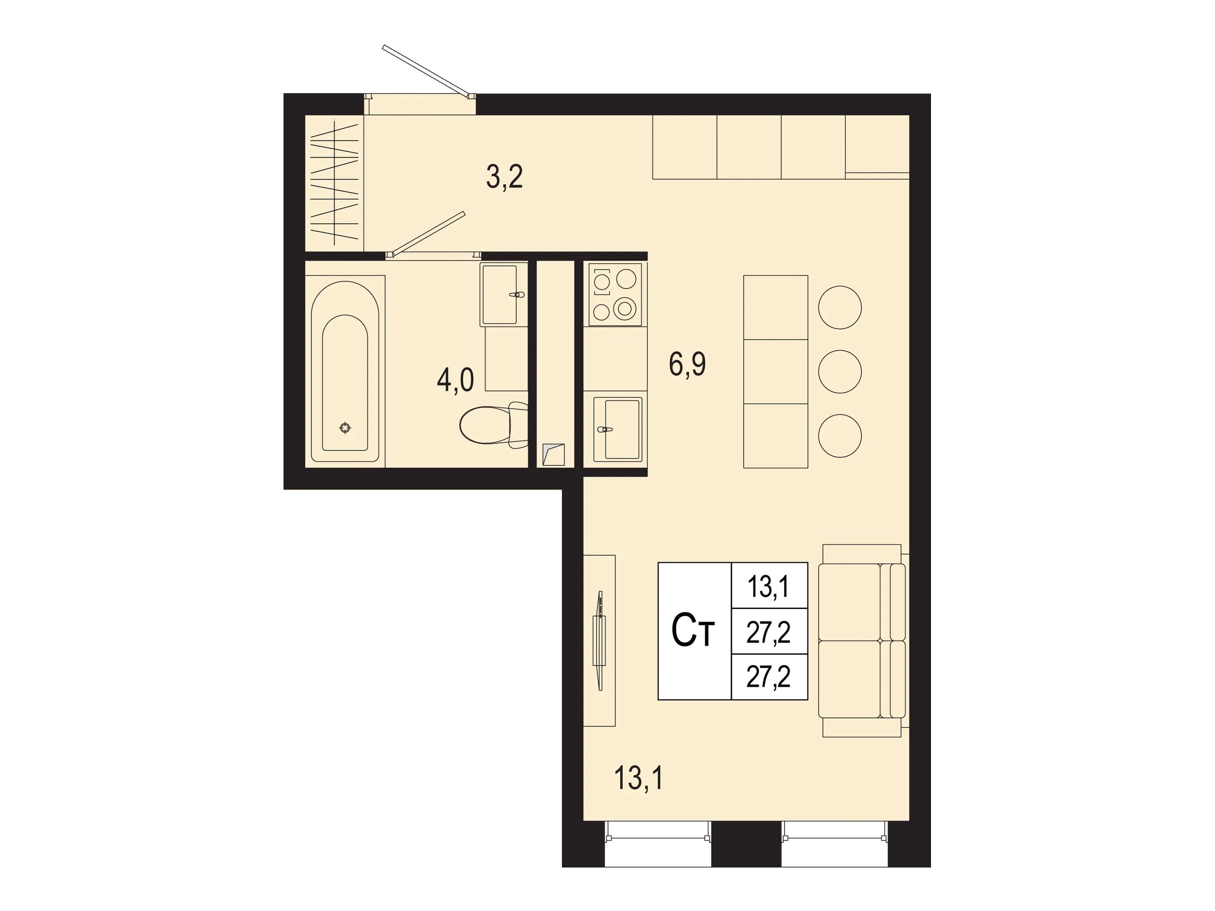 Планировка: Студия 27.20 м² в новостройке ЖК Новая Щербинка