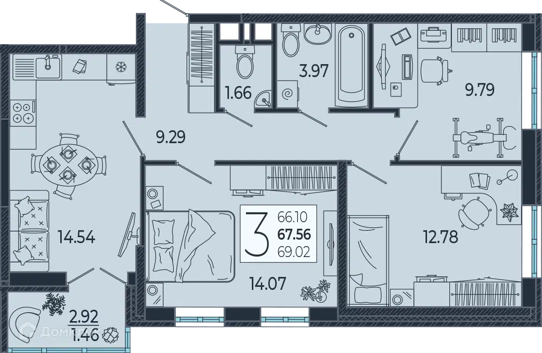 Планировка: 3-комн. квартира 67.56 м² в новостройке Эстет