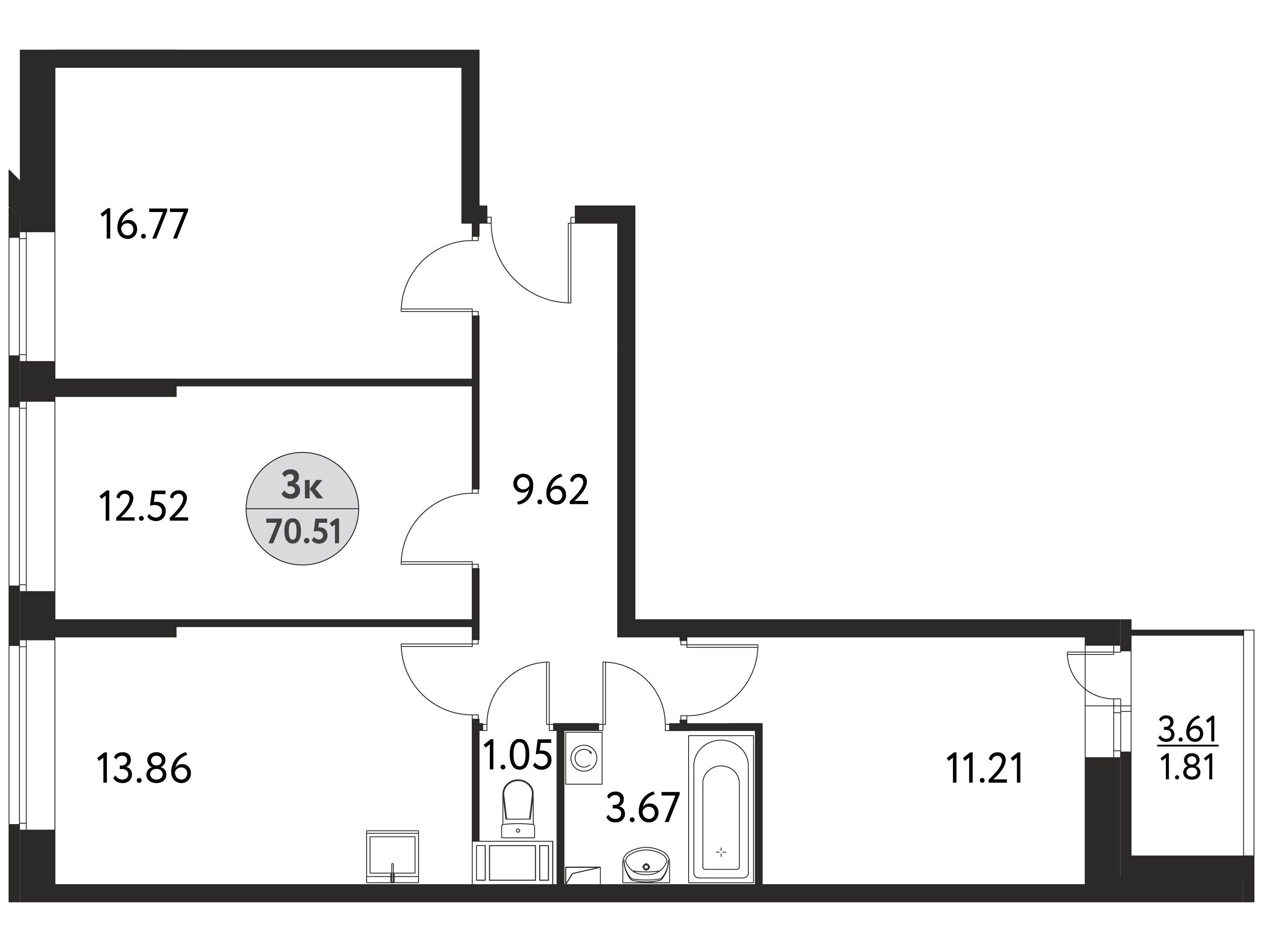 Планировка: 3-комн. квартира 70.51 м² в новостройке Дом на Сиреневой