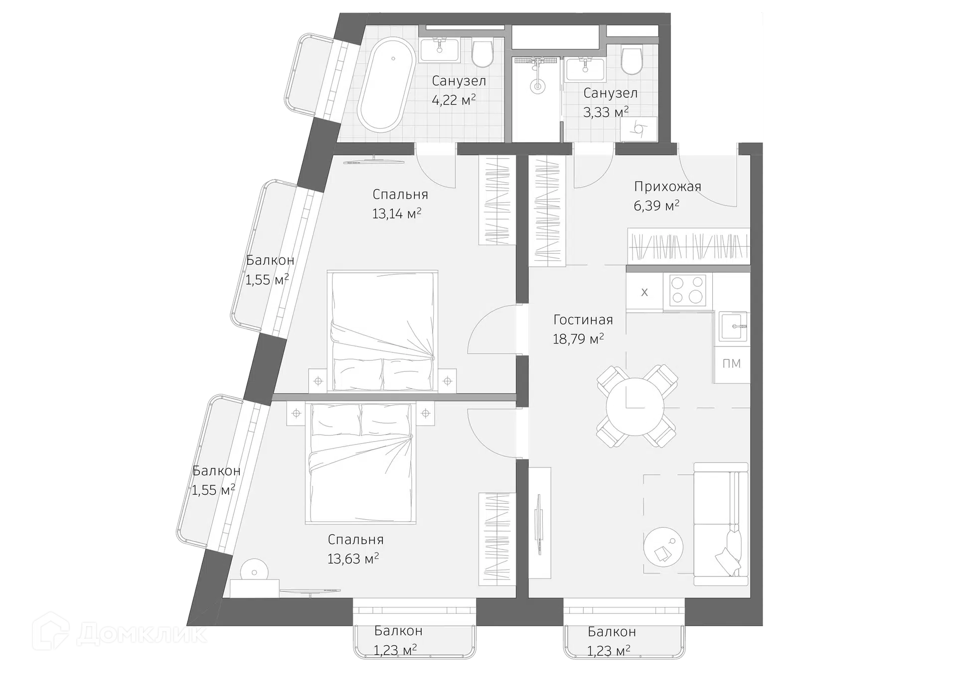Планировка: 3-комн. квартира 65.06 м² в новостройке Реликт