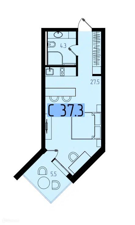 Планировка: Студия 37.30 м² в новостройке Оазис Азова