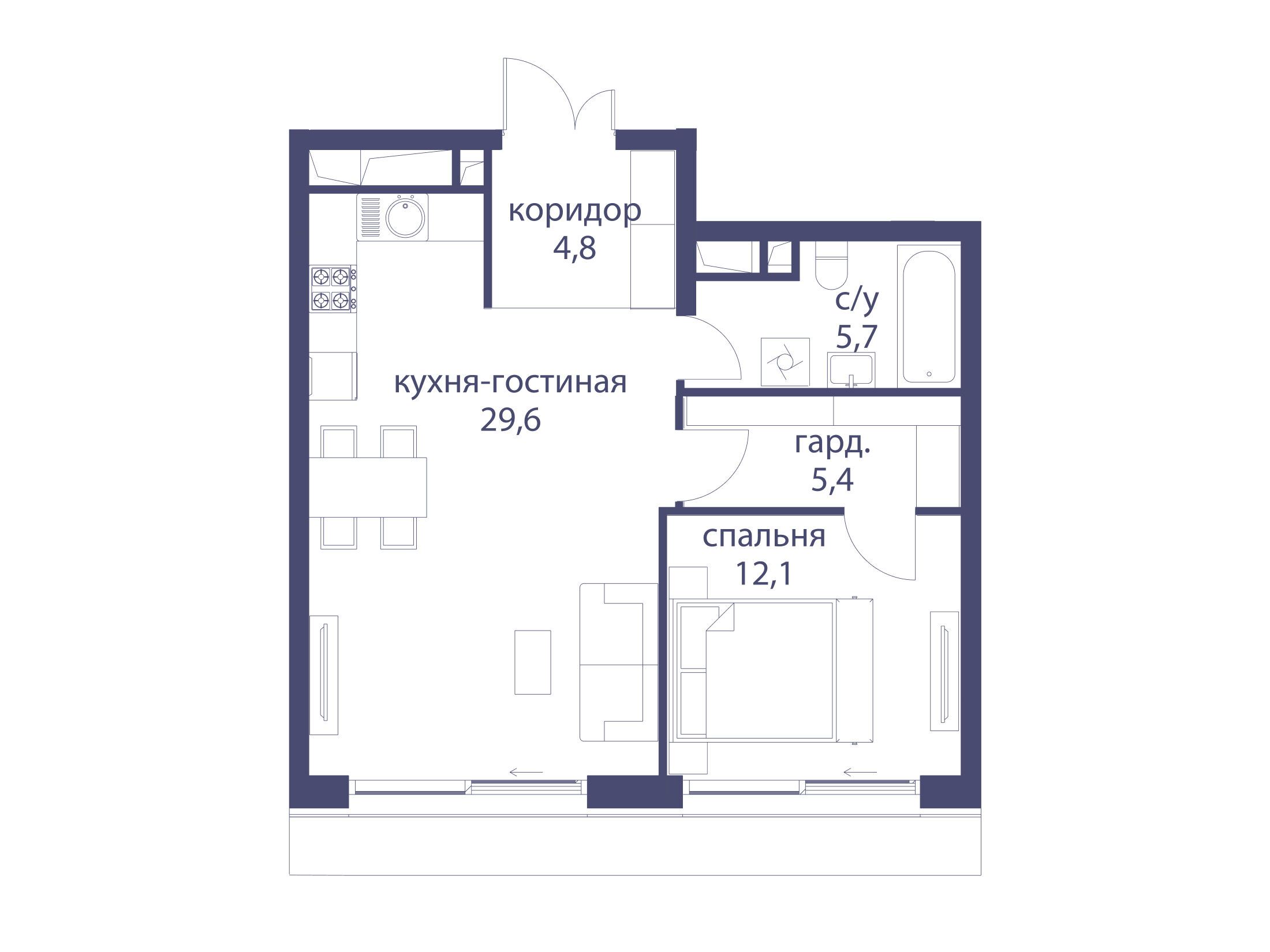 Планировка: 1-комн. квартира 57.60 м² в новостройке Река