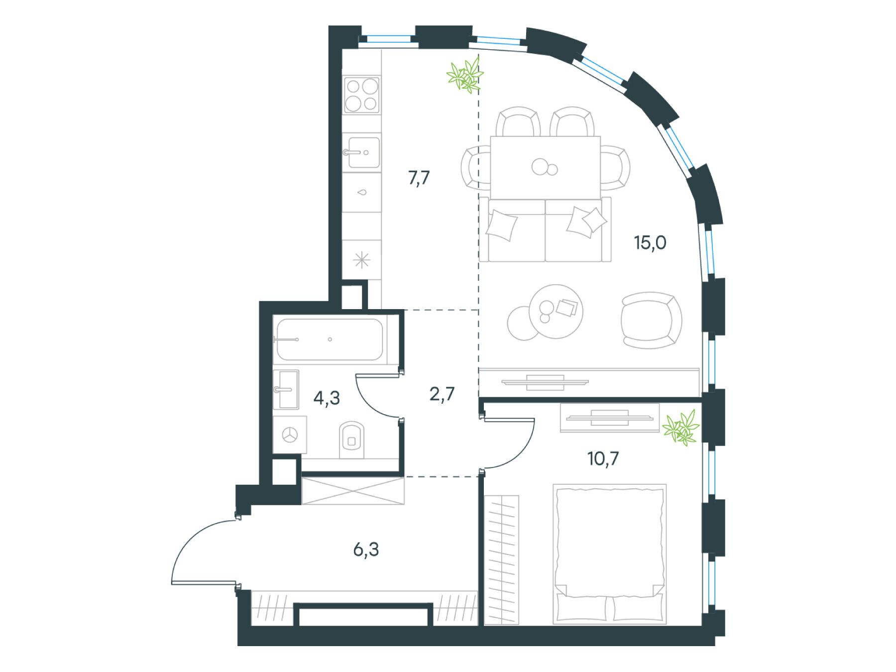 Планировка: 2-комн. квартира 46.70 м² в новостройке Левел Нижегородская
