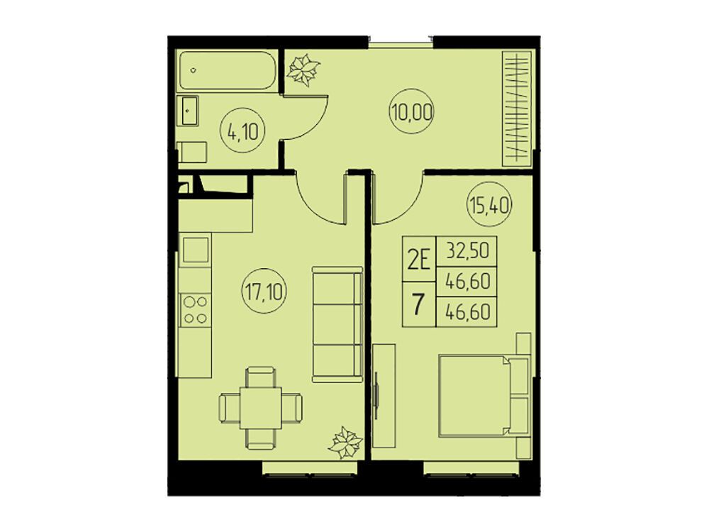Планировка: 2-комн. квартира 46.60 м² в новостройке 31 квартал