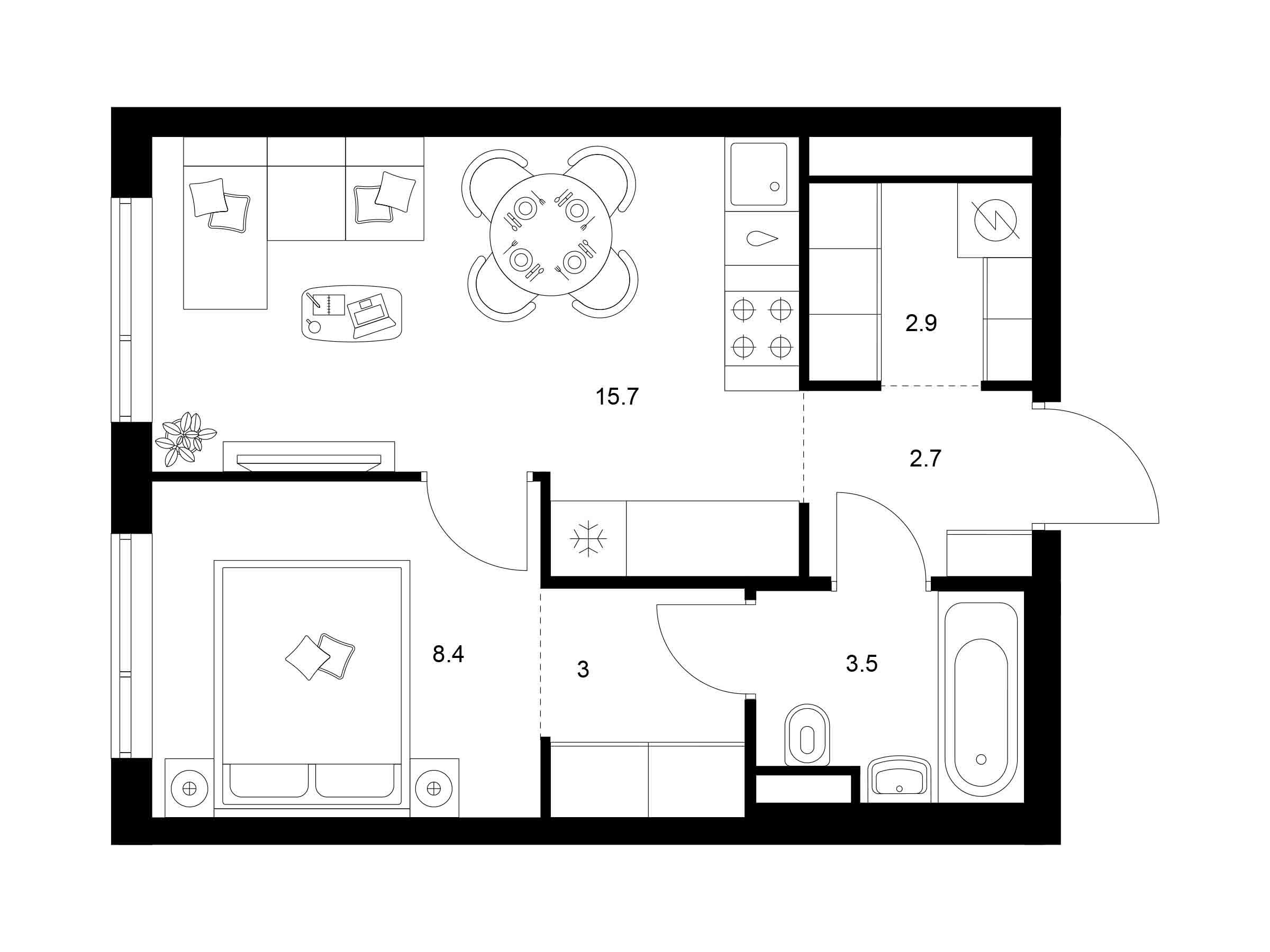 Планировка: 1-комн. квартира 36.20 м² в новостройке Бунинская набережная