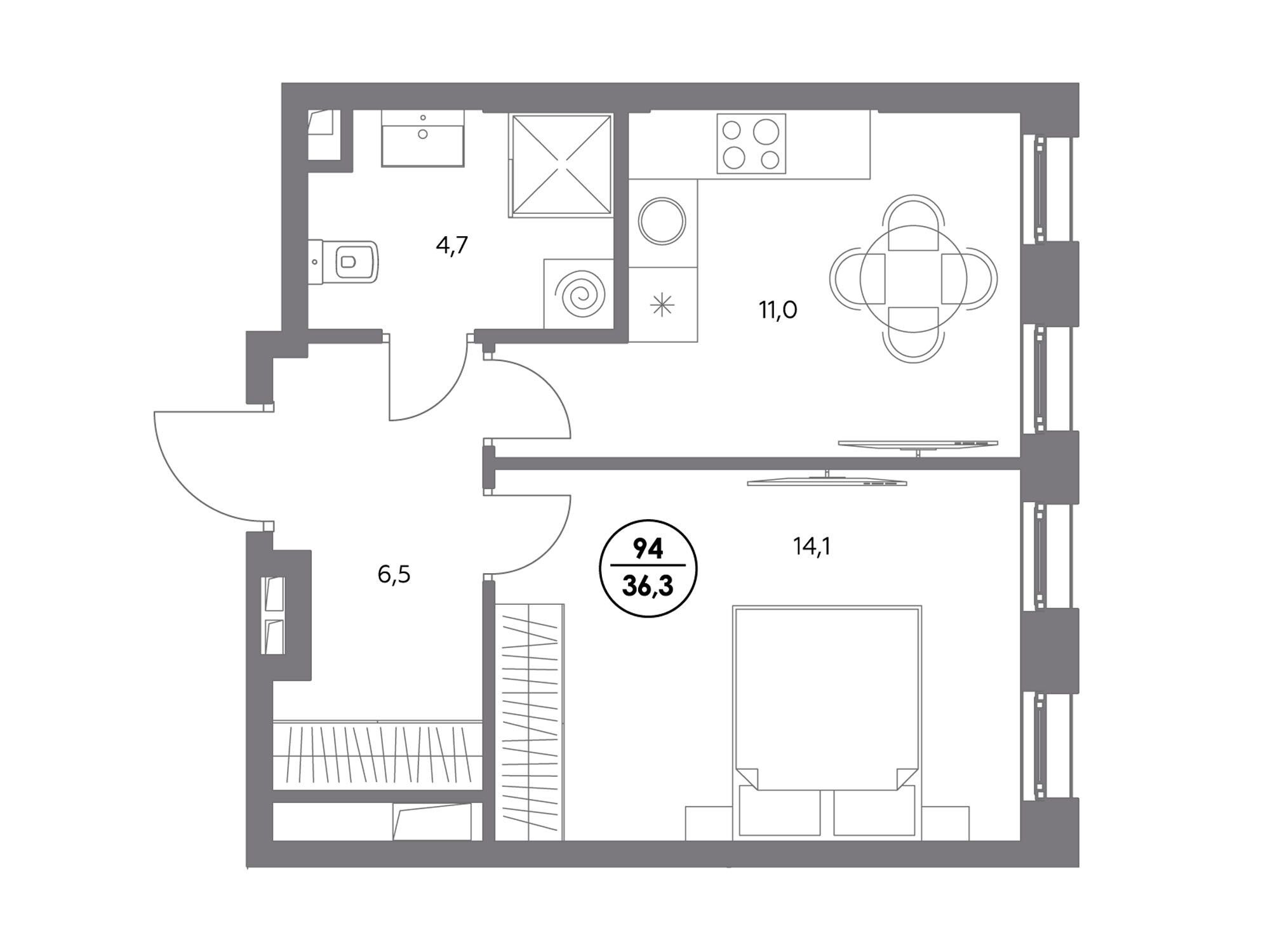 Планировка: 1-комн. квартира 36.30 м² в новостройке ЖК Адмирал
