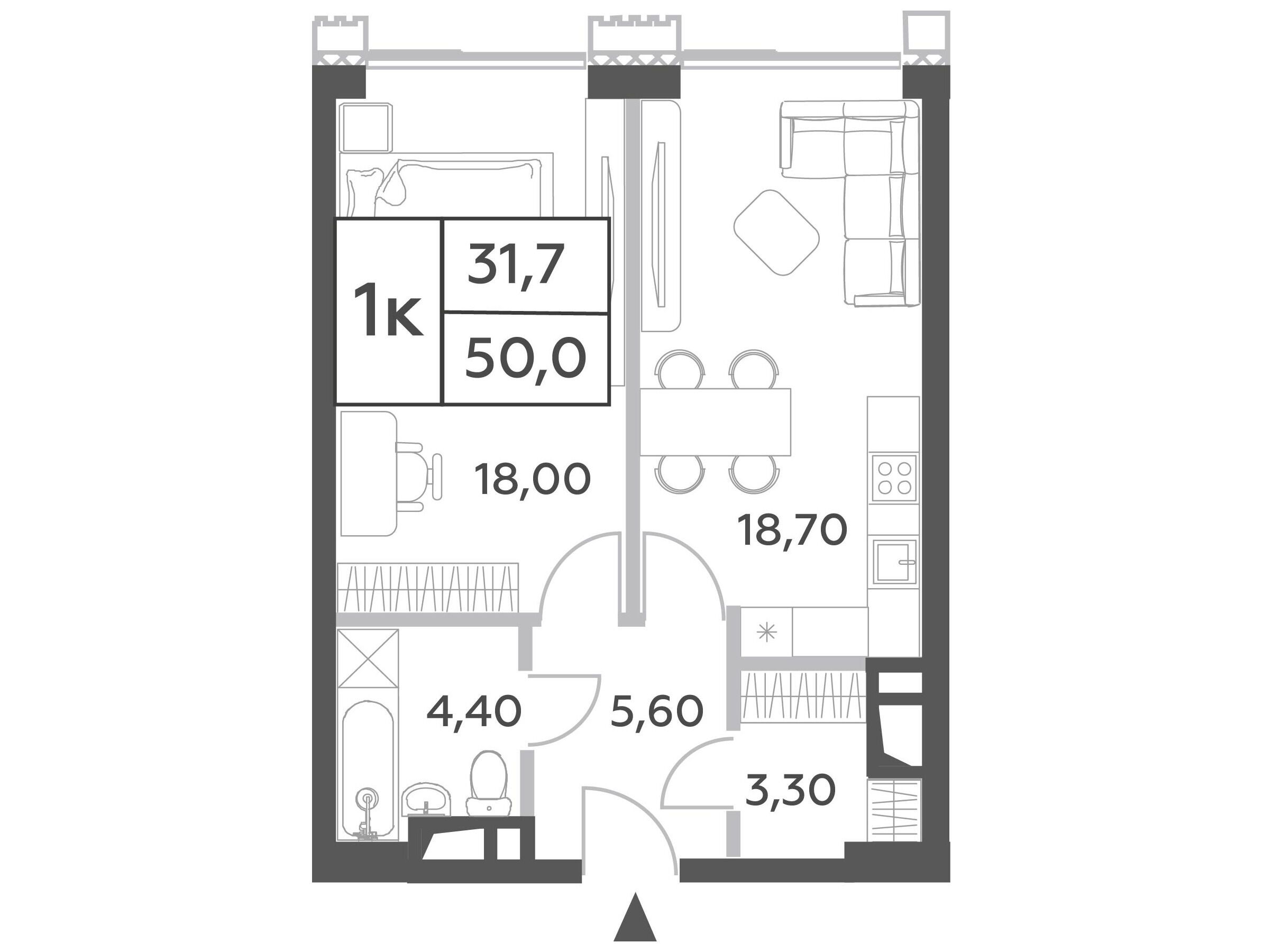 Планировка: 2-комн. квартира 50.00 м² в новостройке Вилл Тауэрс