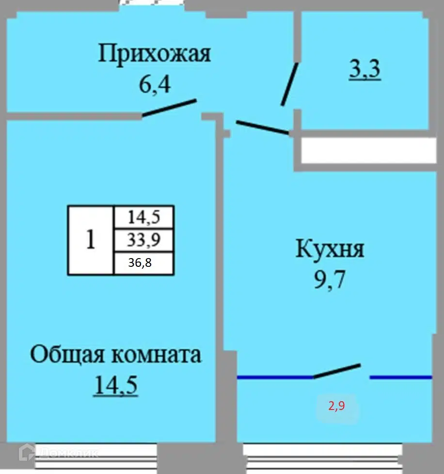 Планировка: 1-комн. квартира 36.80 м² в новостройке Аквамарин